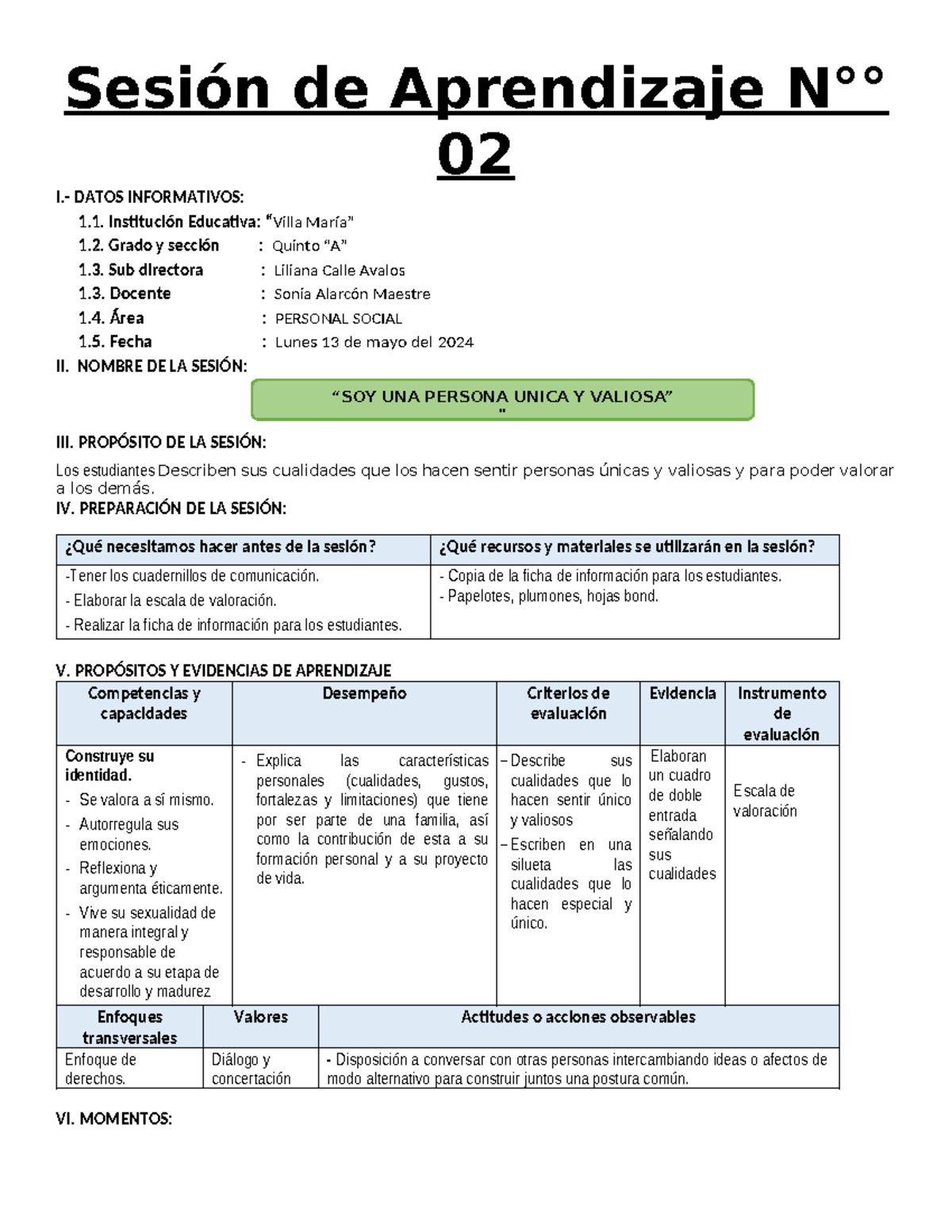 Sesión de Aprendizaje 02: Somos Únicos y Valiosos en Personal Social ...