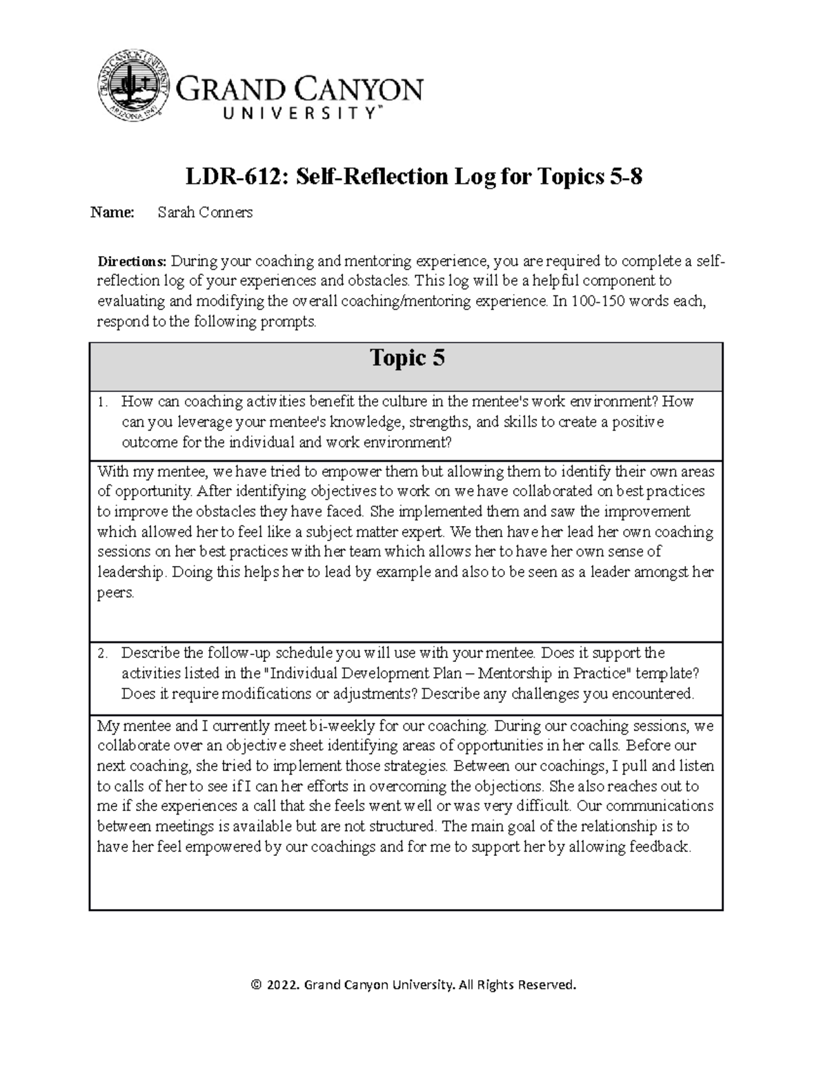 LDR 612: Self-Reflection Log for Coaching & Mentoring - Topics 5-6 ...