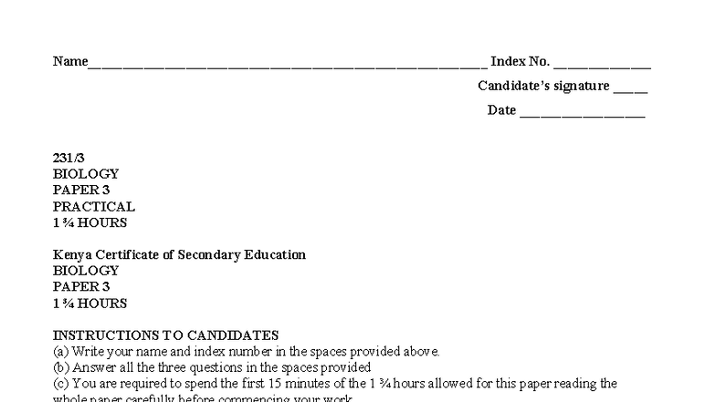 Biology Paper 3 Practical Exam - KCSE 2023 (4 Questions) - Studocu