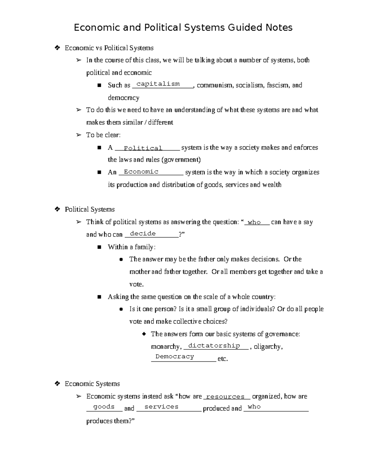 Economic and Political Systems Guided Notes - Or the mother and father ...