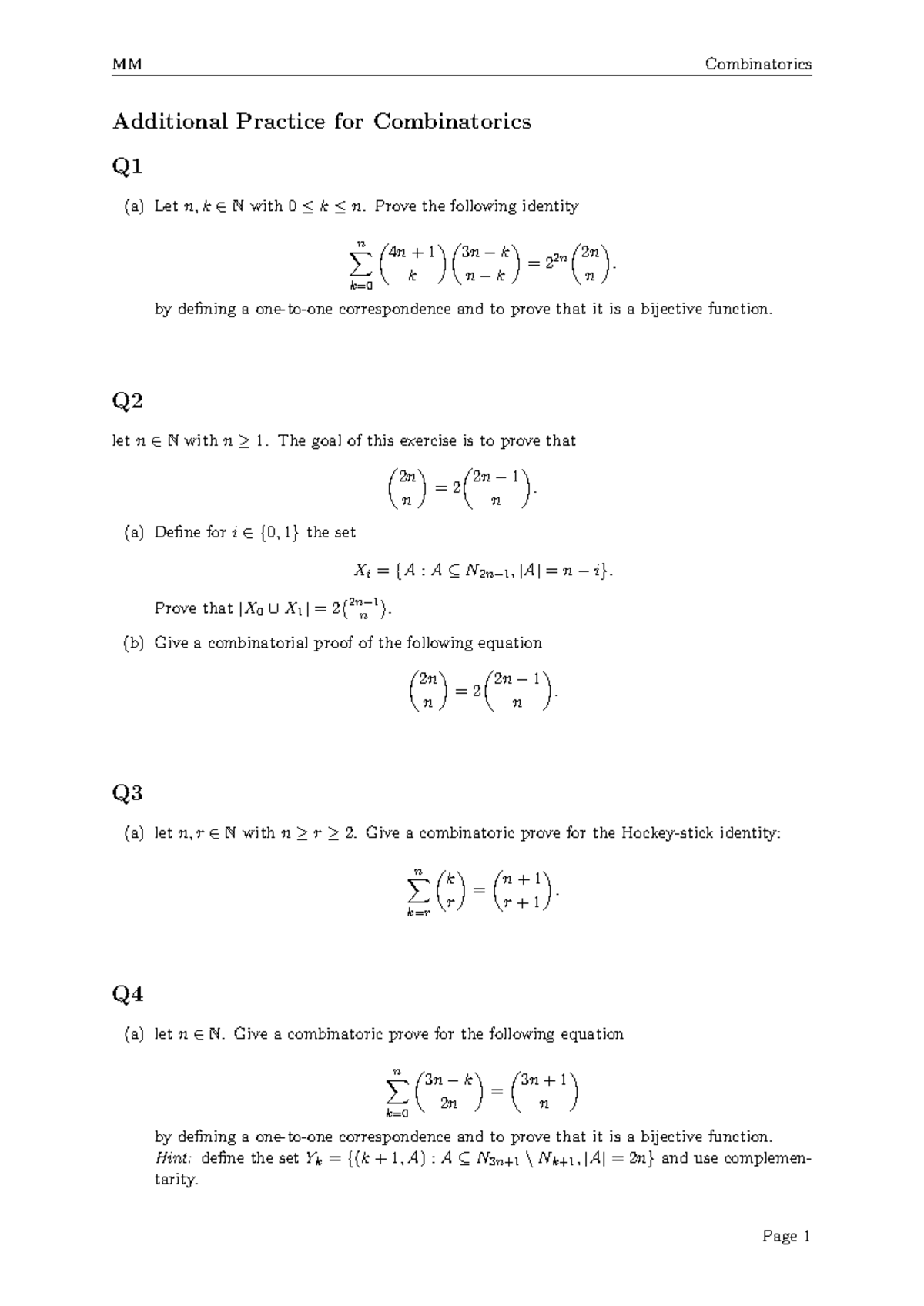 MM Combinatorics Additional Practice Exercises and Proofs - Studeersnel