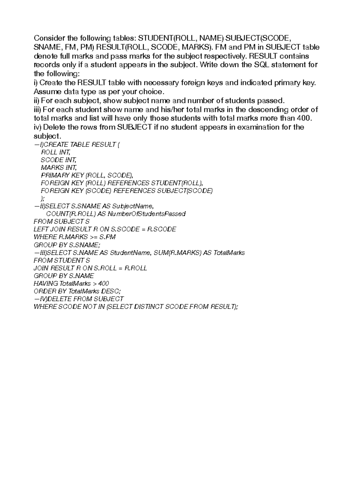 Document notes - Consider the following tables: STUDENT(ROLL, NAME ...