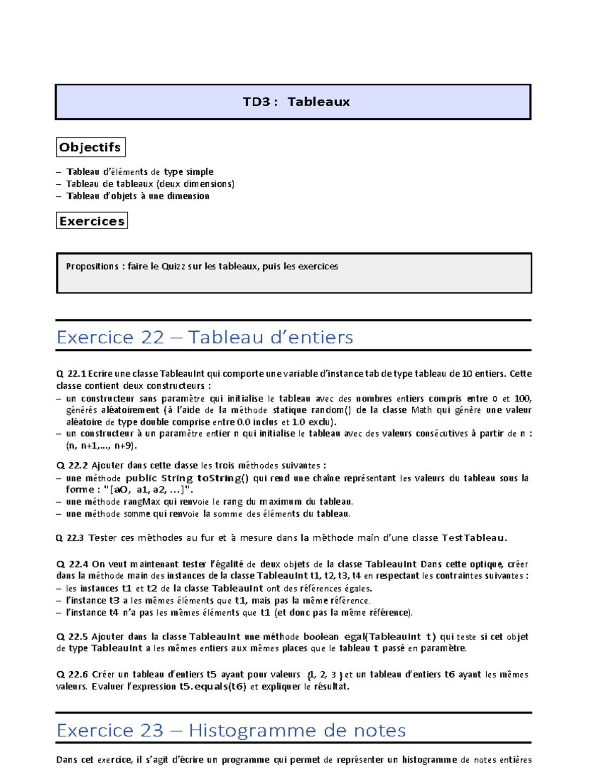 TD3 : Exercices sur les Tableaux et Histogrammes en Java - Studocu