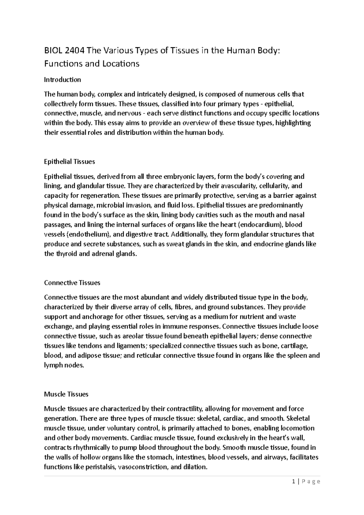 BIOL 2404 Overview of Human Tissue Types: Functions and Locations - Studocu