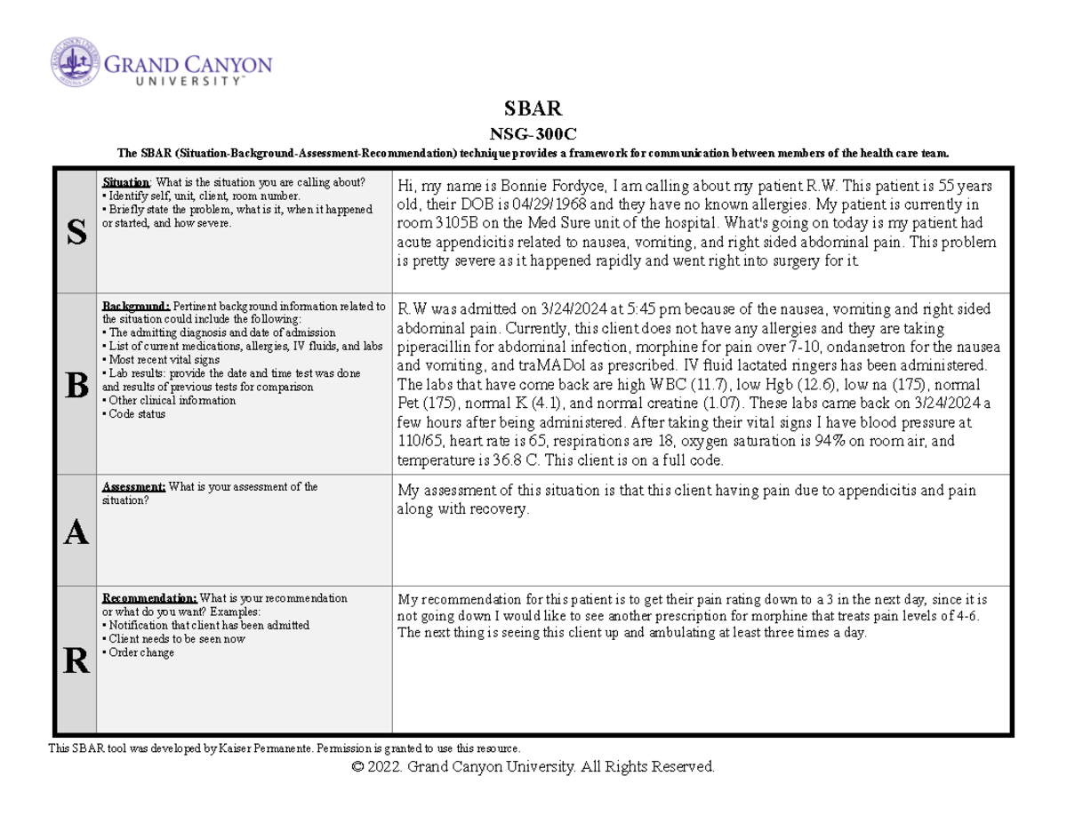 SBAR Communication Framework Example for NSG-300C Students - Studocu