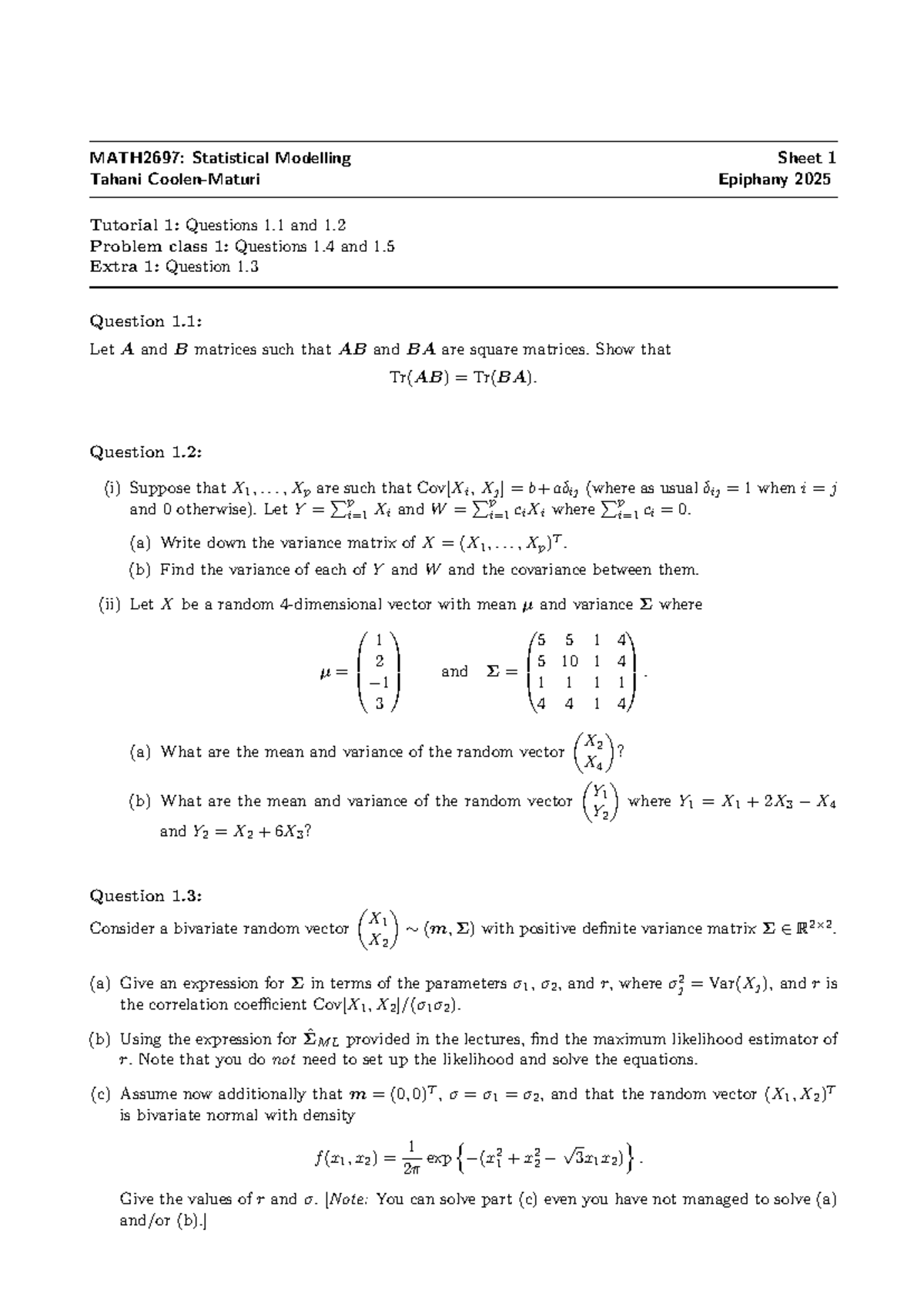 MATH2697: Statistical Modelling Tutorial 1 Problem Sheet 1 - Studocu