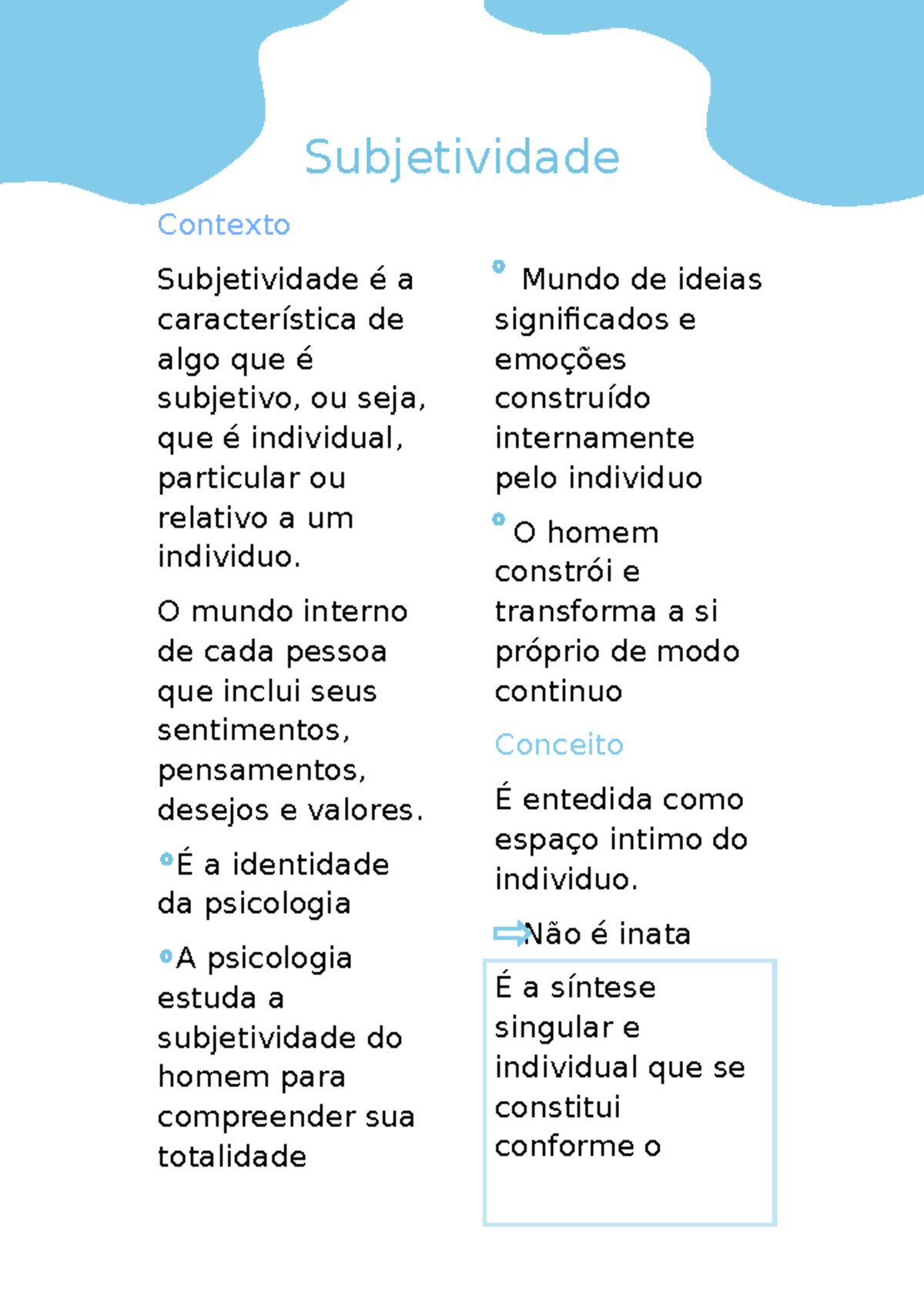 Resumos sobre Subjetividade na Psicologia: Conceitos e Identidade - Studocu