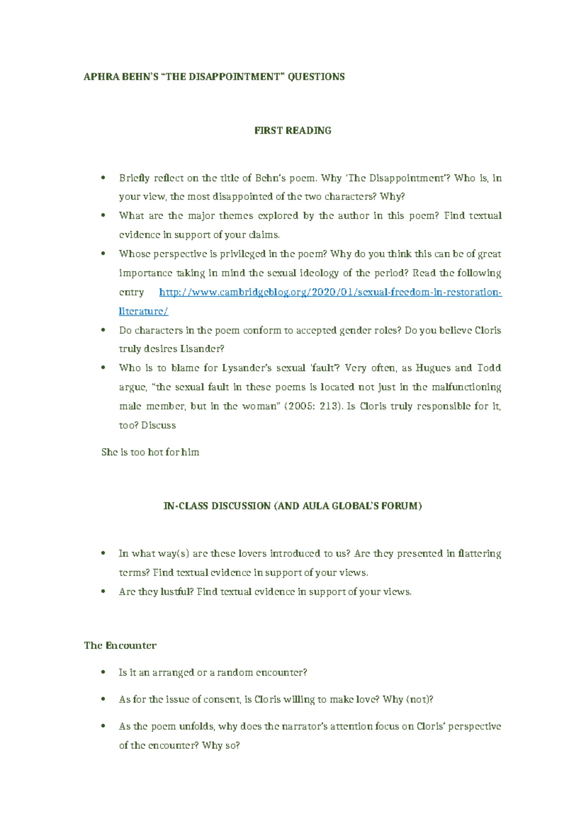 Aphra Behn's "The Disappointment" Analysis Questions & Discussion - Studocu