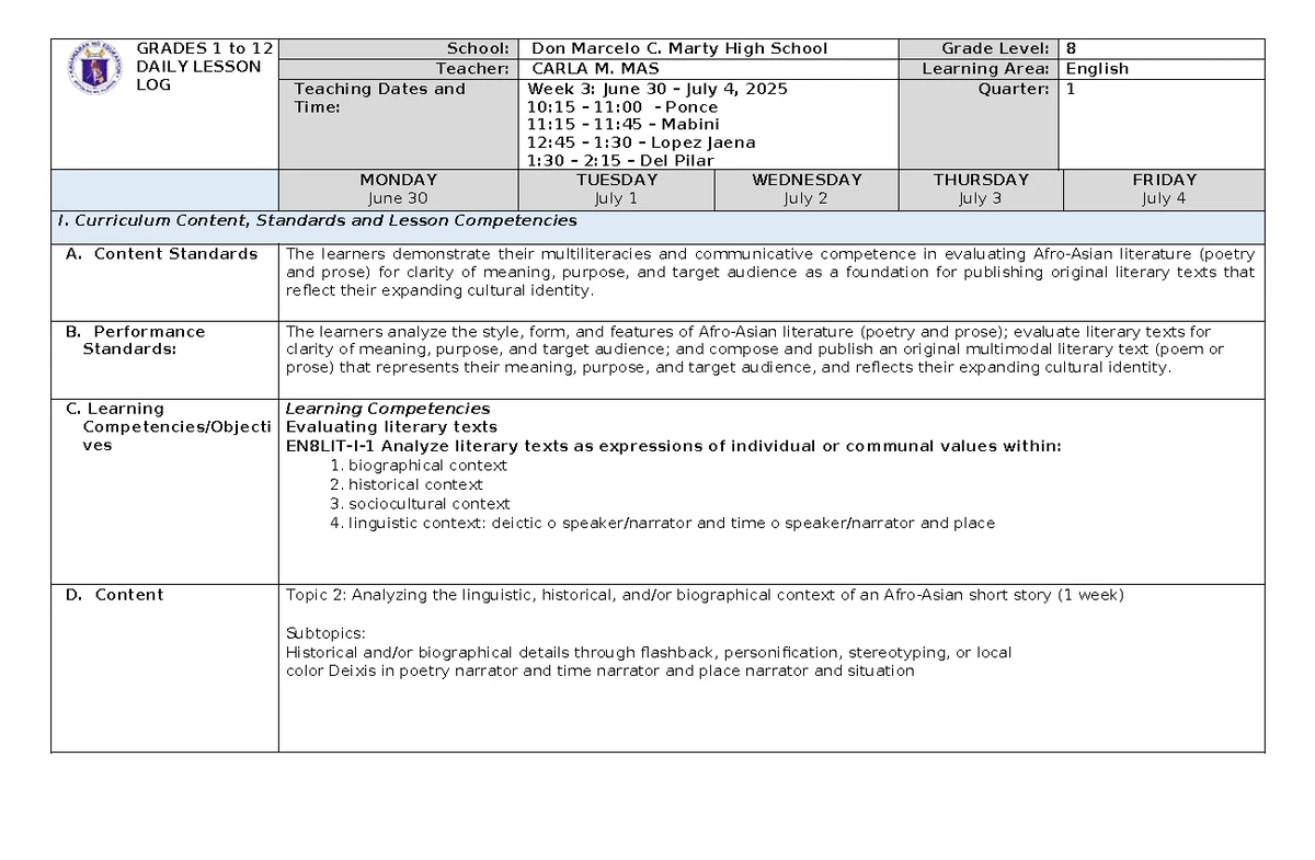 ENG8 Q1 WEEK 1 - Daily Lesson Log for English Class - Studocu