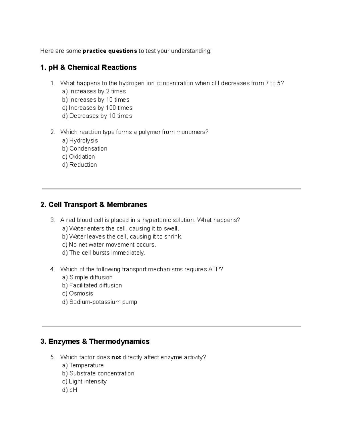 Practice Questions for Bio 101 Exam 2 Review - Studocu