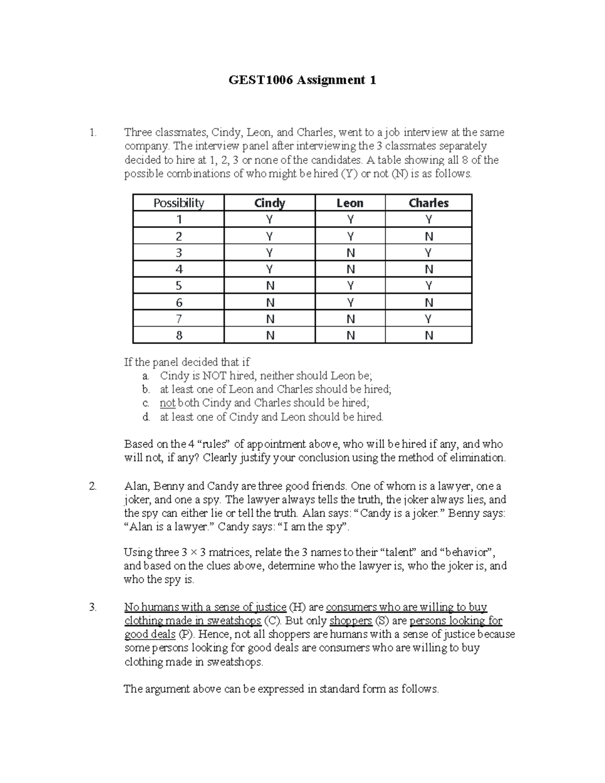 GEST1006 Assignment 1 - Logic Strategies and Problem Solving - Studocu