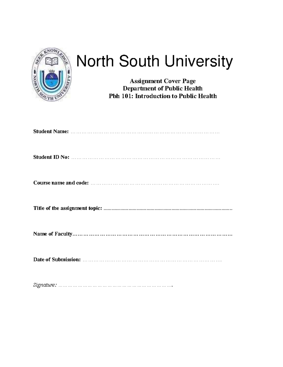 Assignment Cover Page - North South University Assignment Cover Page ...