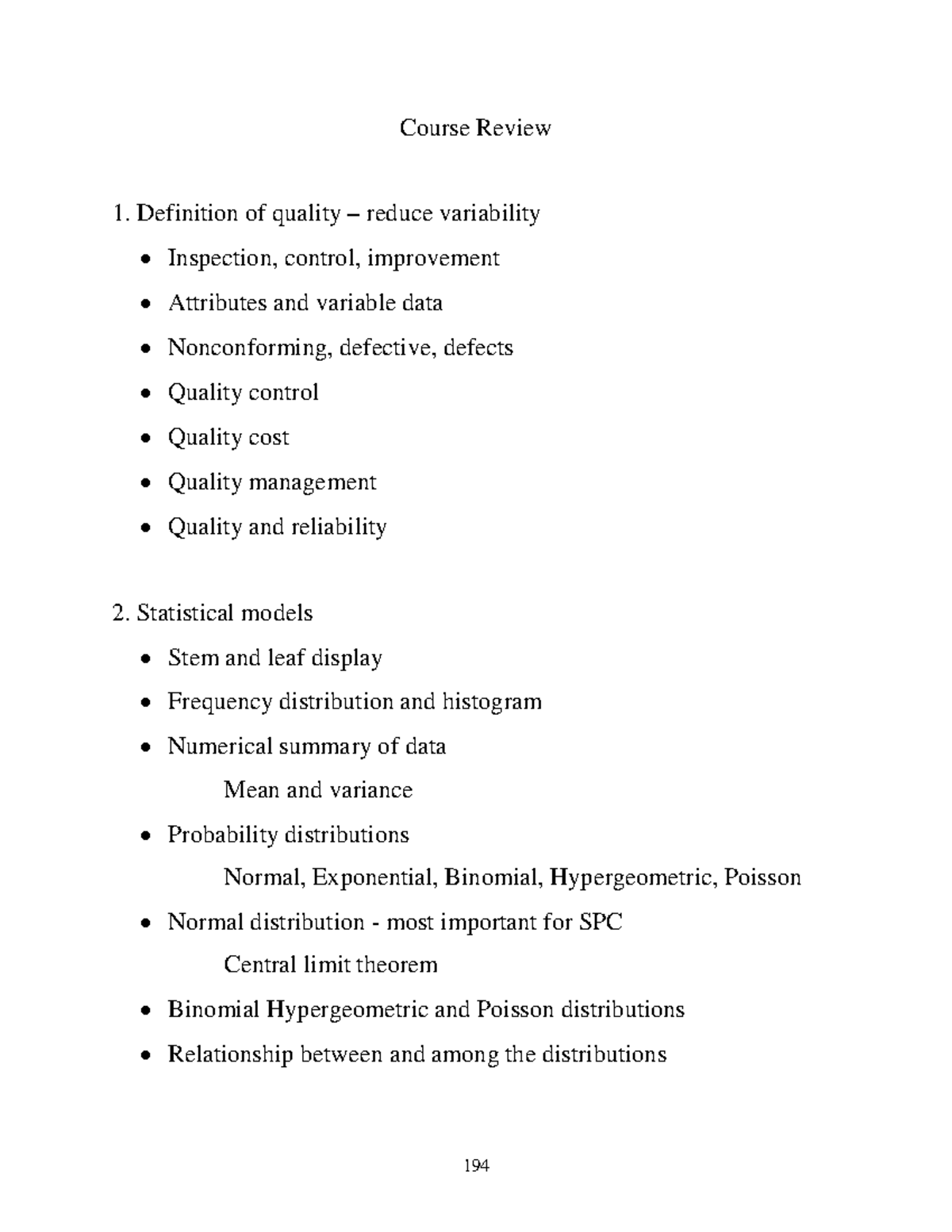 Quality control and statistical process control review for course 200 ...