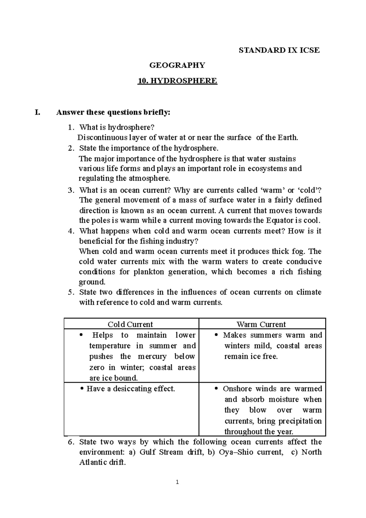 Hydrosphere - ICSE Class 10 Geography Chapter 10 Study Notes - Studocu
