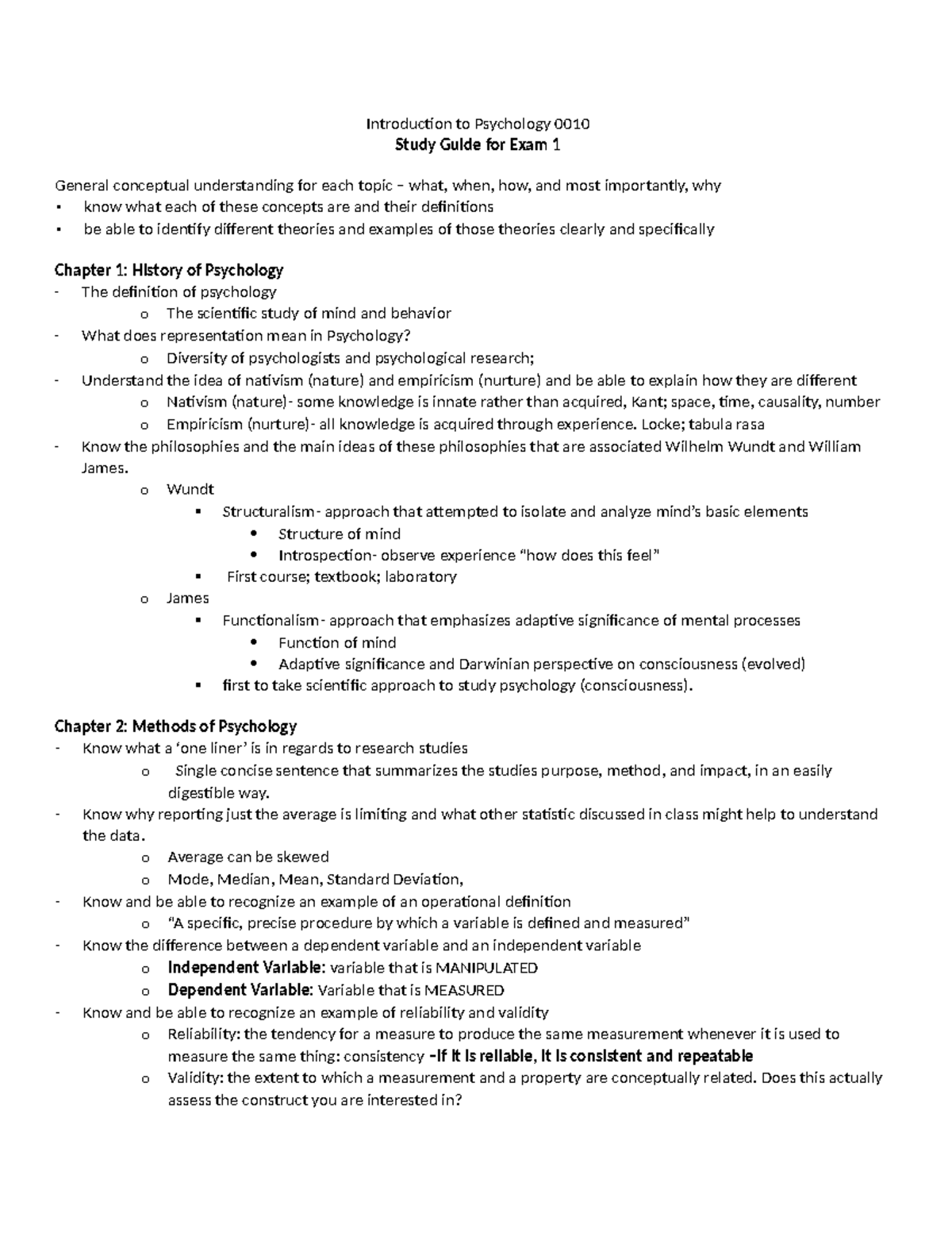 Introduction to Psychology 0010: Study Guide for Exam 1 - Studocu