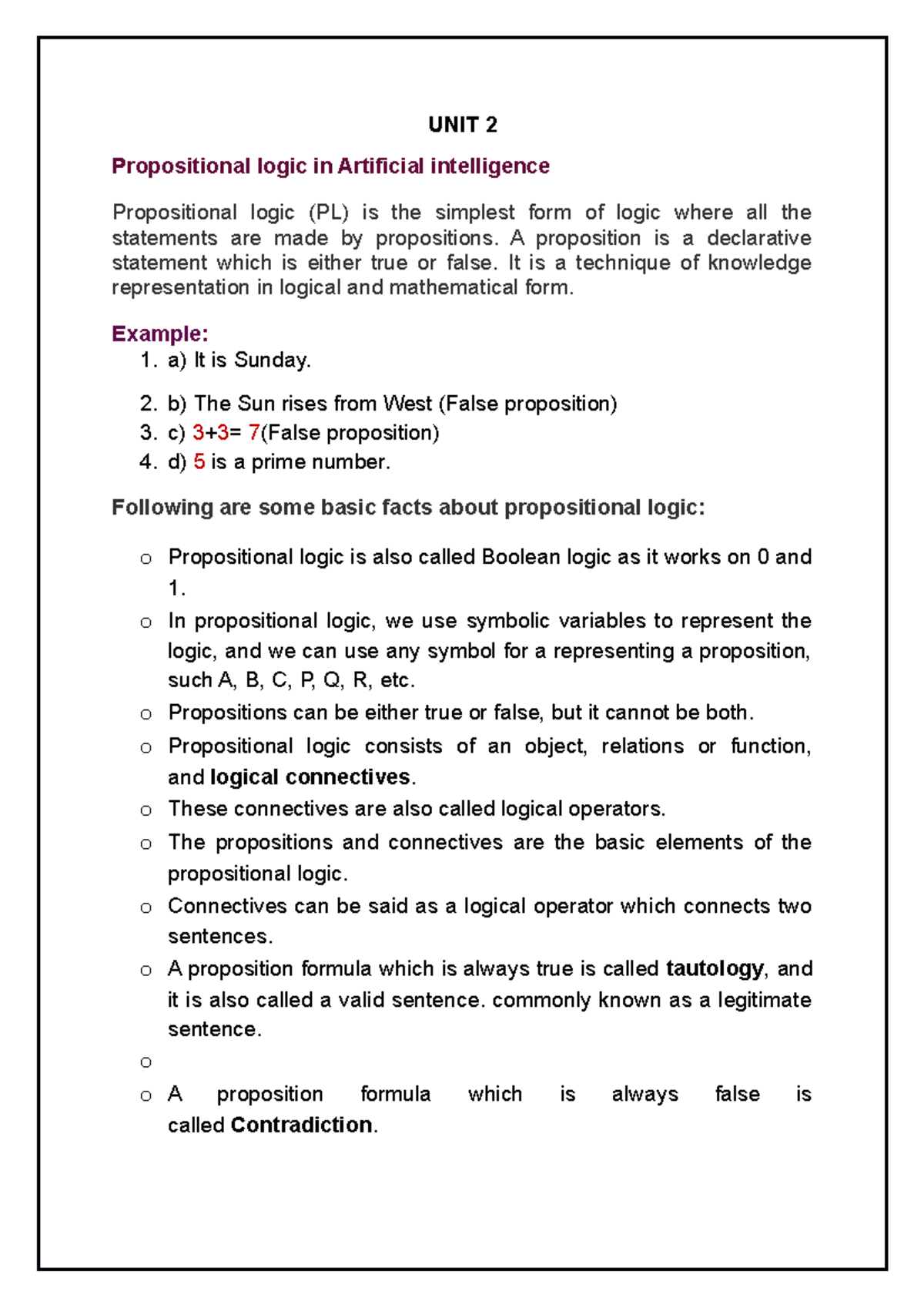 UNIT 2-I BSC AI - NIL - UNIT 2 Propositional logic in Artificial ...