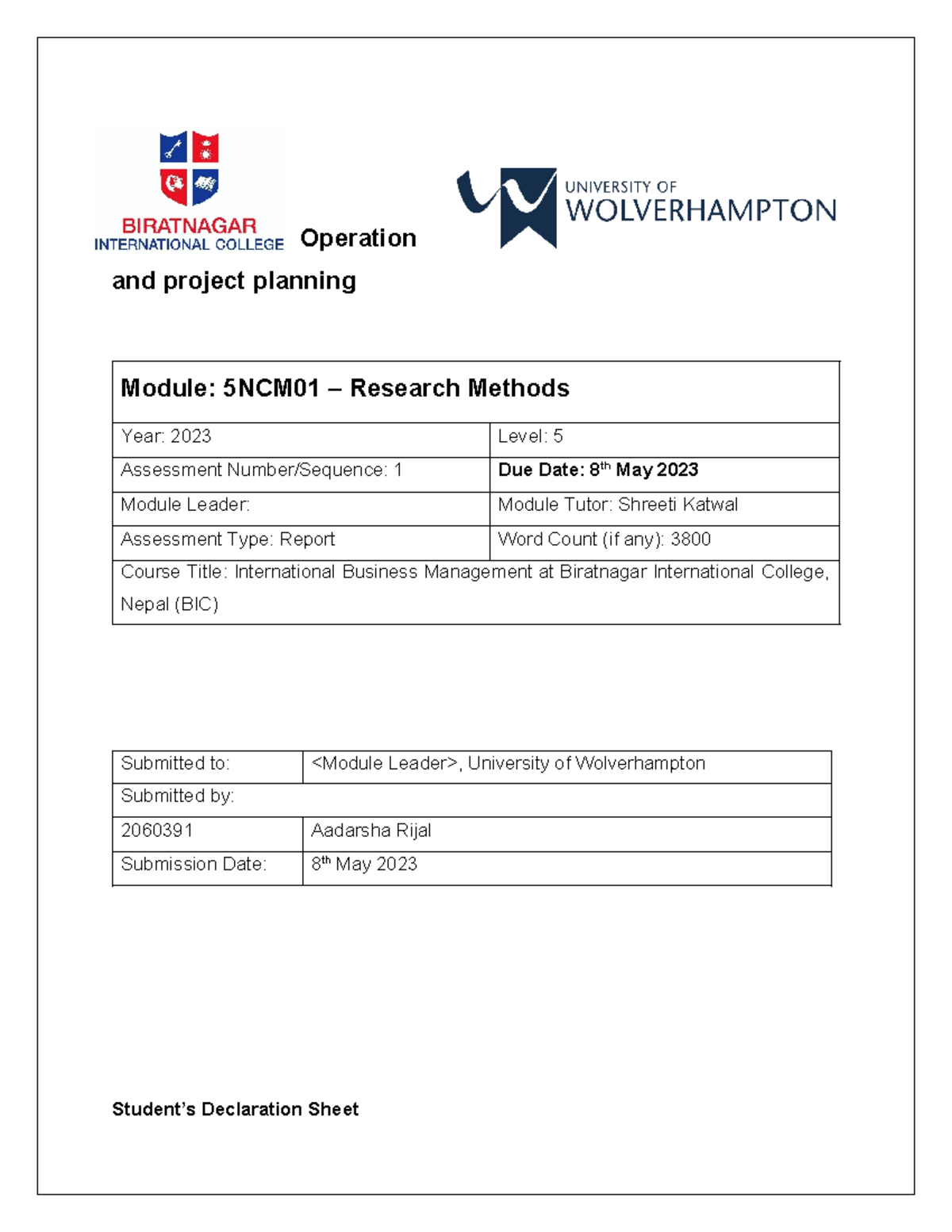 5BU017 - Operation Management & Project Planning (Report) 2060391 - Studocu