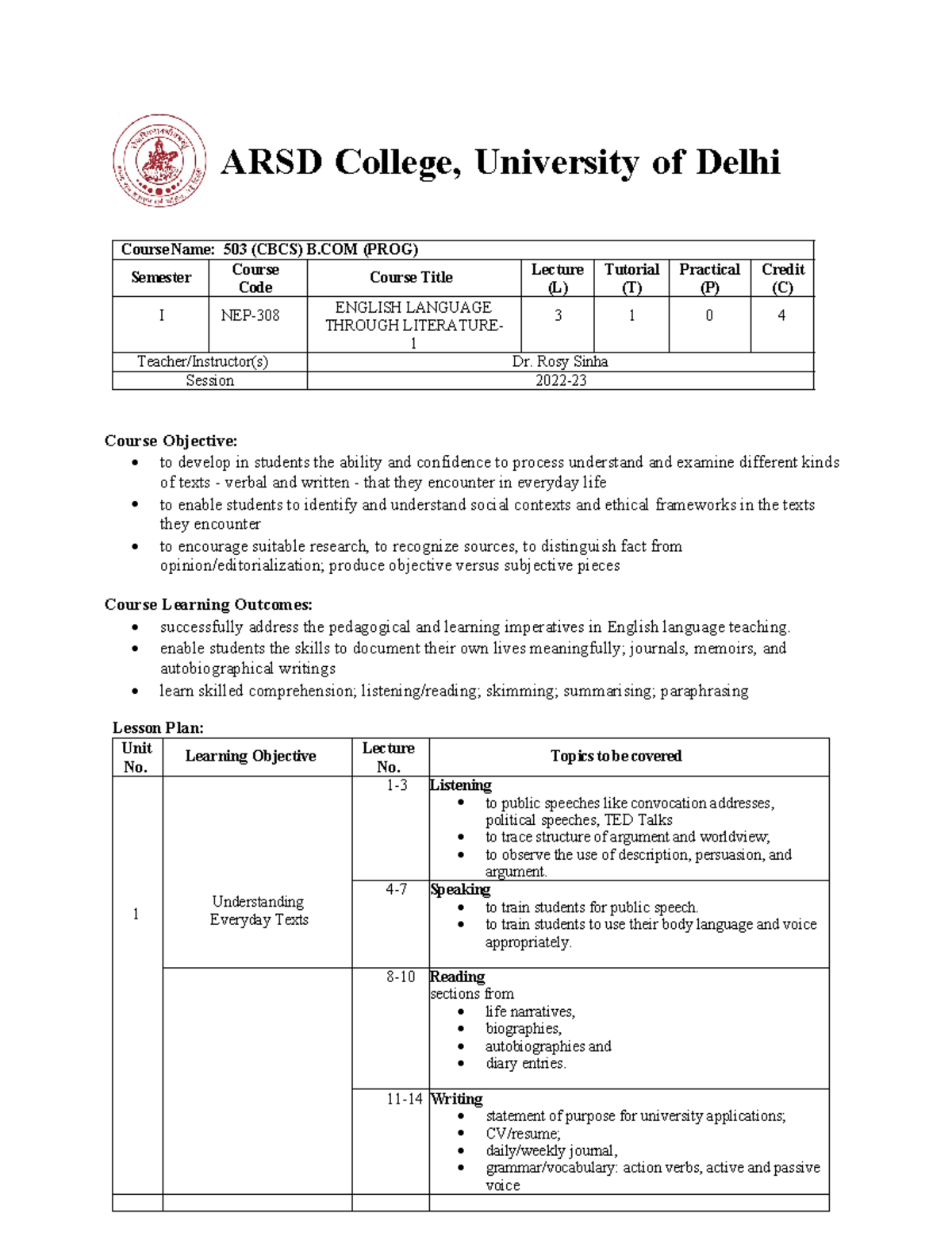 English Language Through Literature I - ARSD College, University of ...
