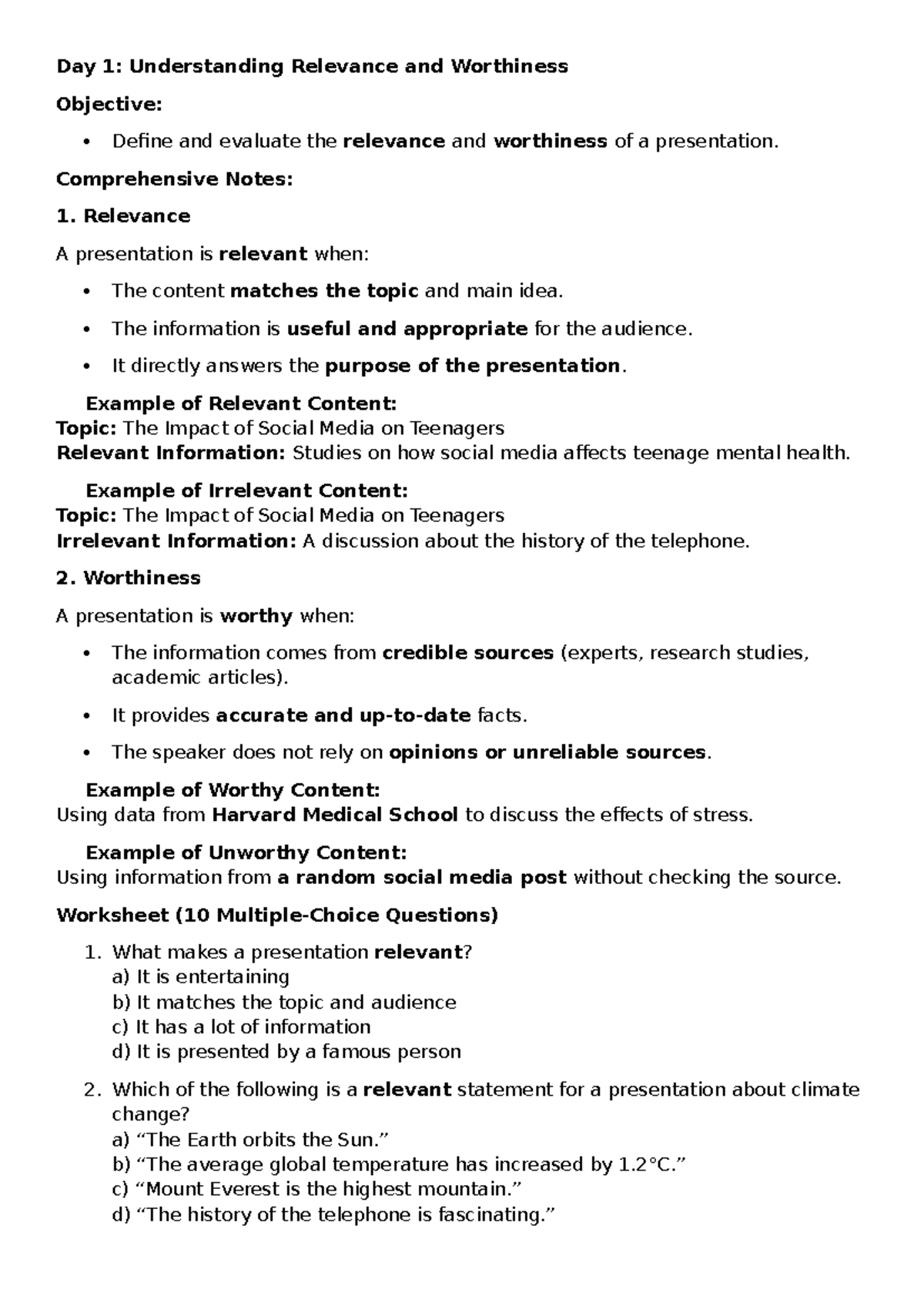 Zpraa WEEK 1 Worksheet - Day 1: Understanding Relevance and Worthiness ...
