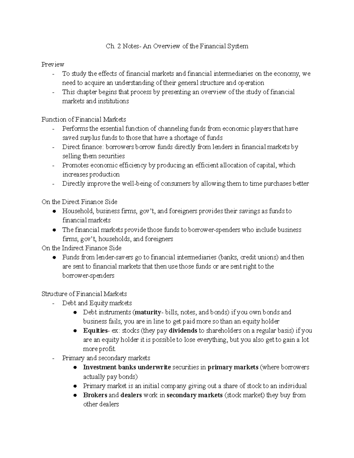 Ch. 2 Notes - Overview of the Financial System - Studocu