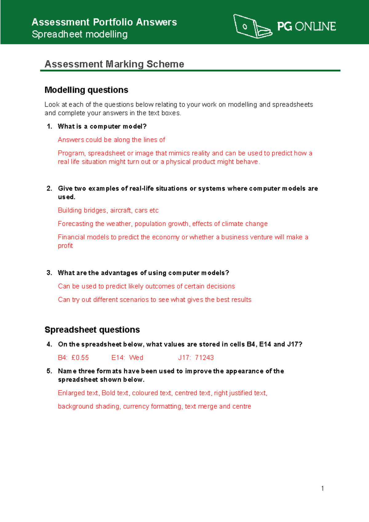 Spreadsheet Modelling Assessment Portfolio: Answers & Marking Scheme ...