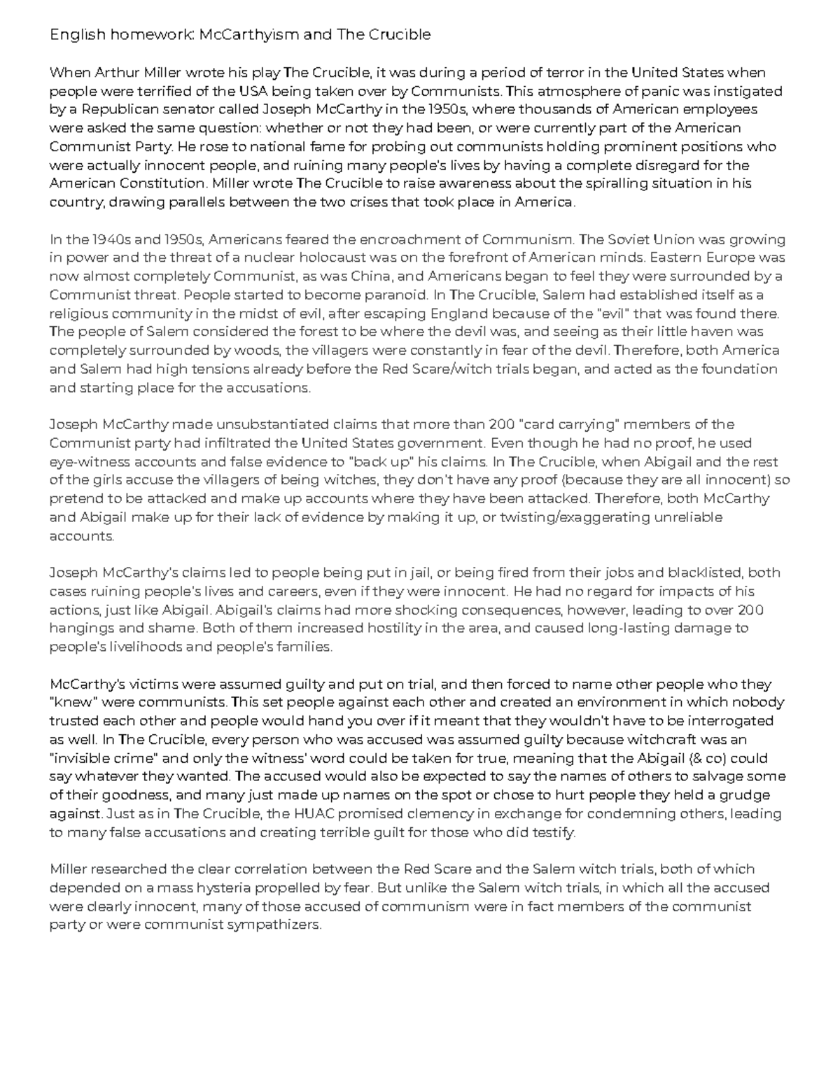 ENG 101 Essay: Parallels Between McCarthyism and The Crucible - Studocu