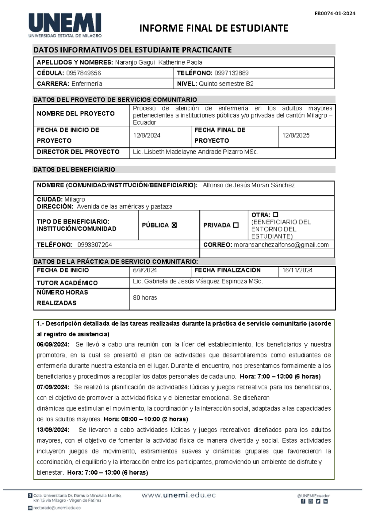 Informe Final de Práctica en Servicio Comunitario - Enfermería 5to Semestre - Document Preview