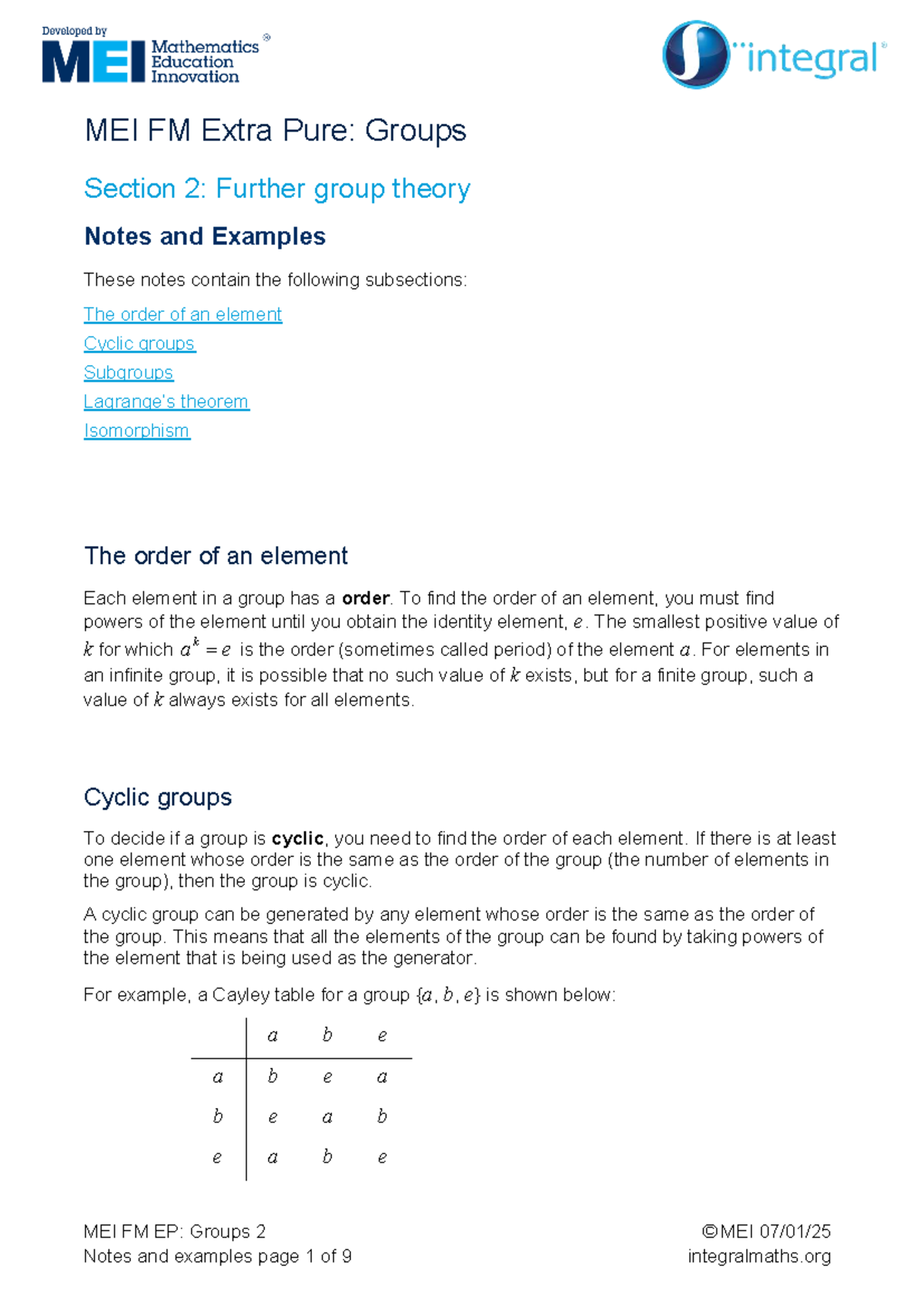 MEI FM EP: Groups 2 - Further Group Theory Notes & Examples - Studocu