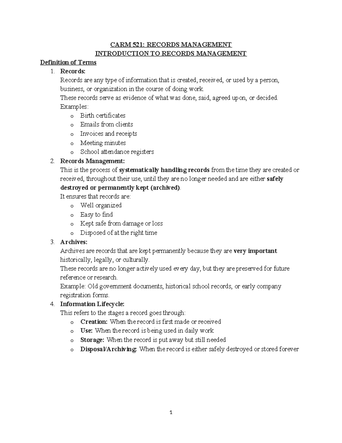 CARM 521: Intro to Records Management - Key Concepts & Principles - Studocu