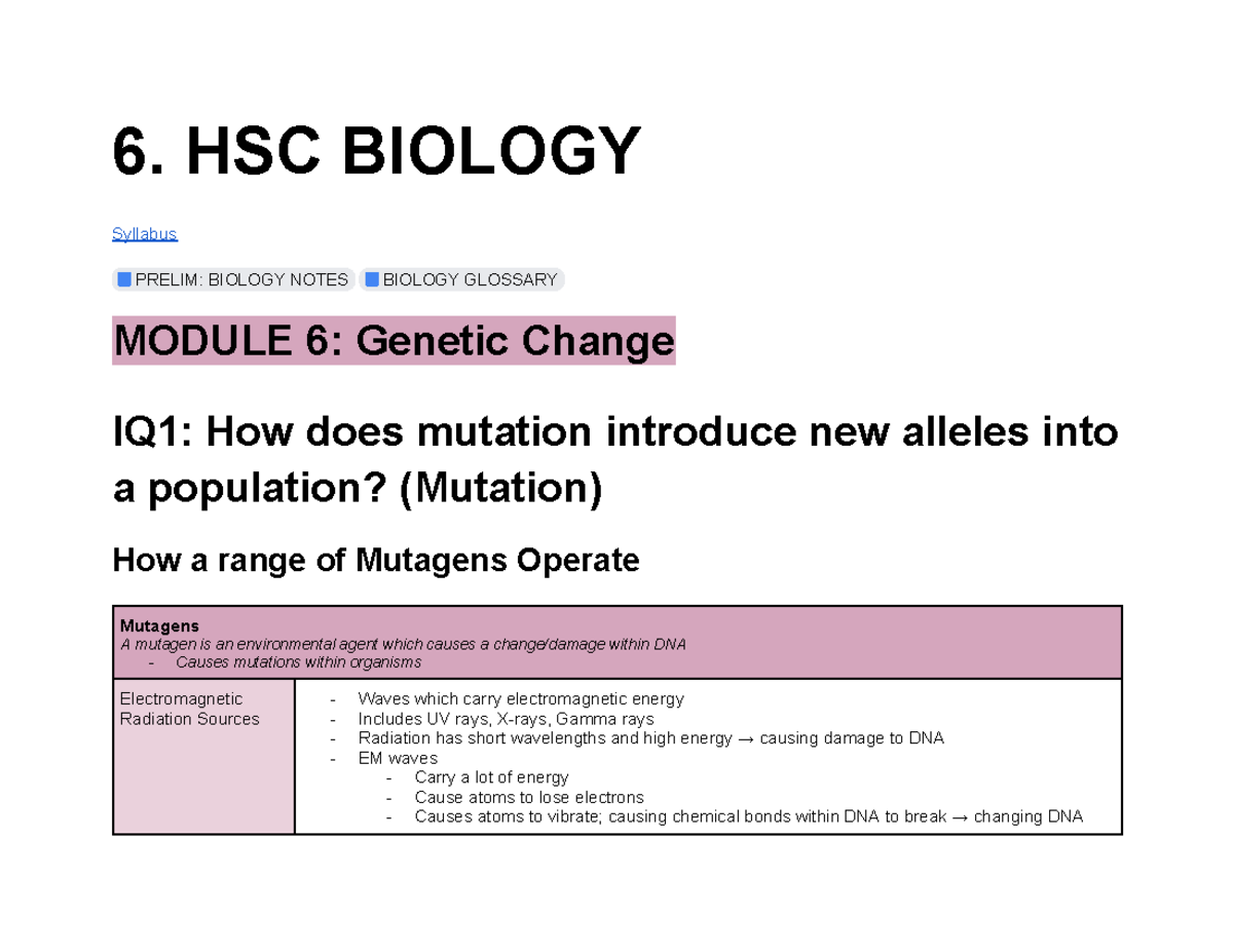 6. HSC BIOLOGY Module 6: Genetic Change Notes and Glossary - Studocu