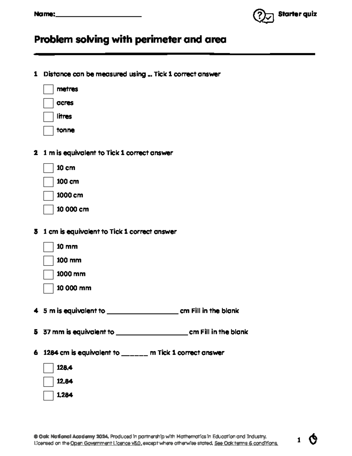 Starter Quiz: Problem Solving with Perimeter & Area - Studocu