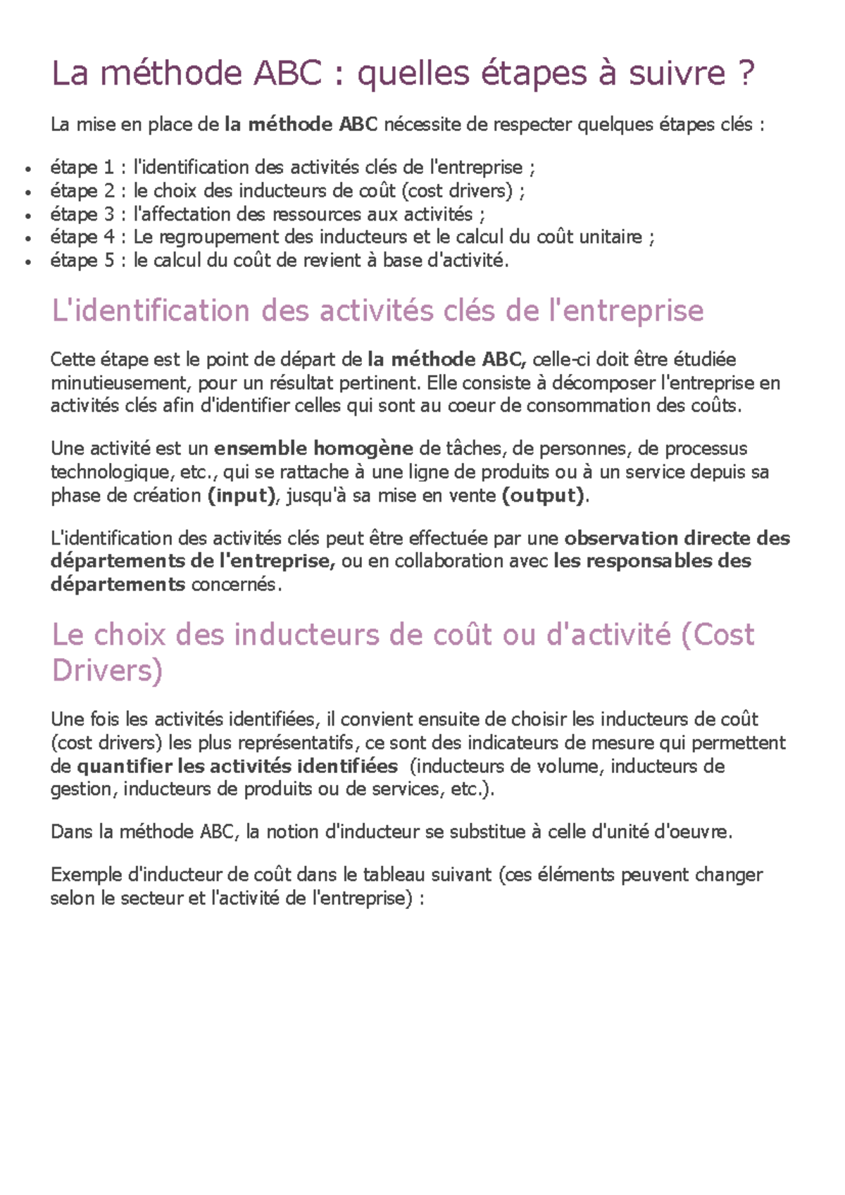 Étapes Clés de la Méthode ABC à Suivre pour l'Implémentation - Studocu