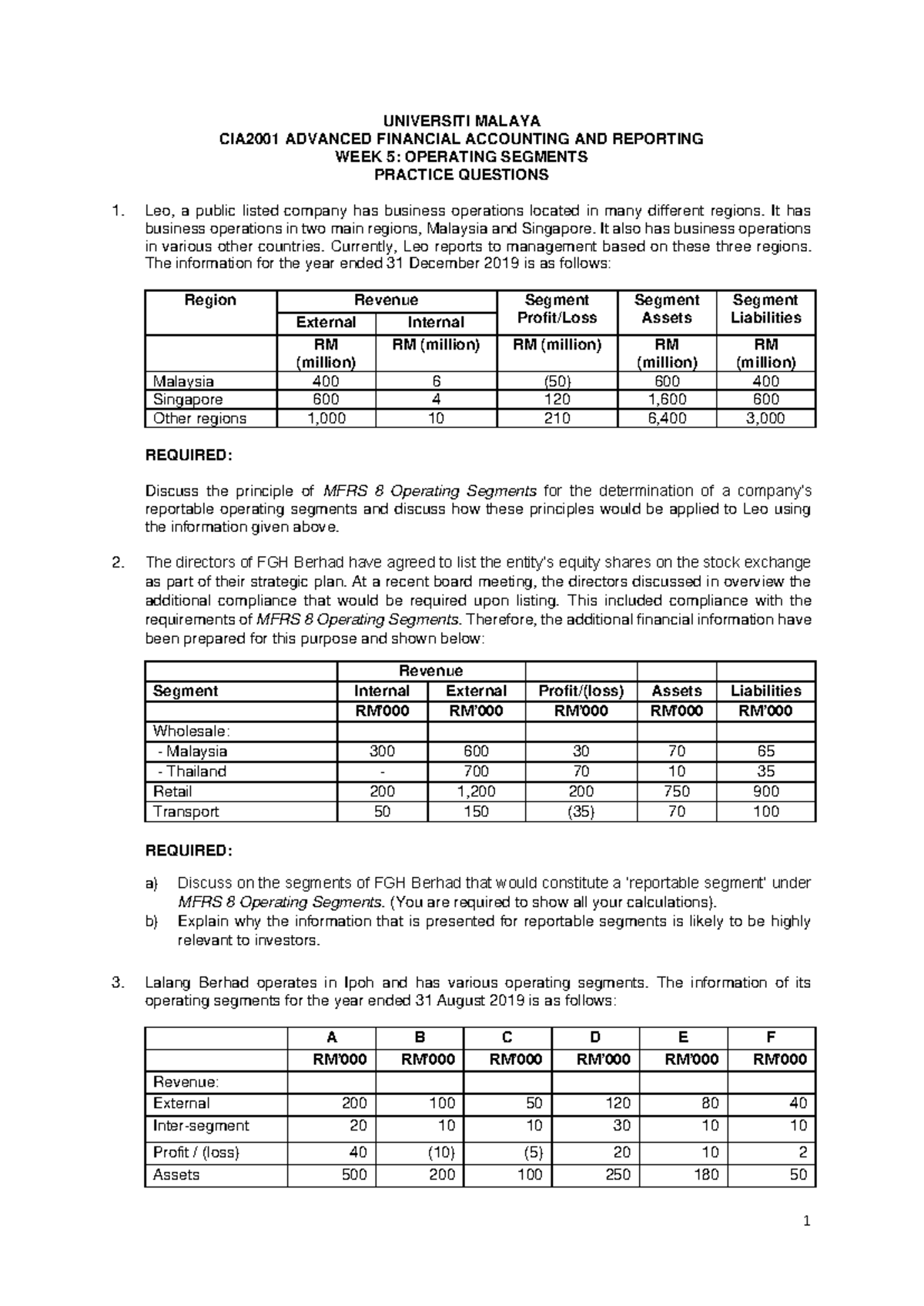 CIA2001 Week 5: Operating Segments Practice Questions Analysis - Studocu