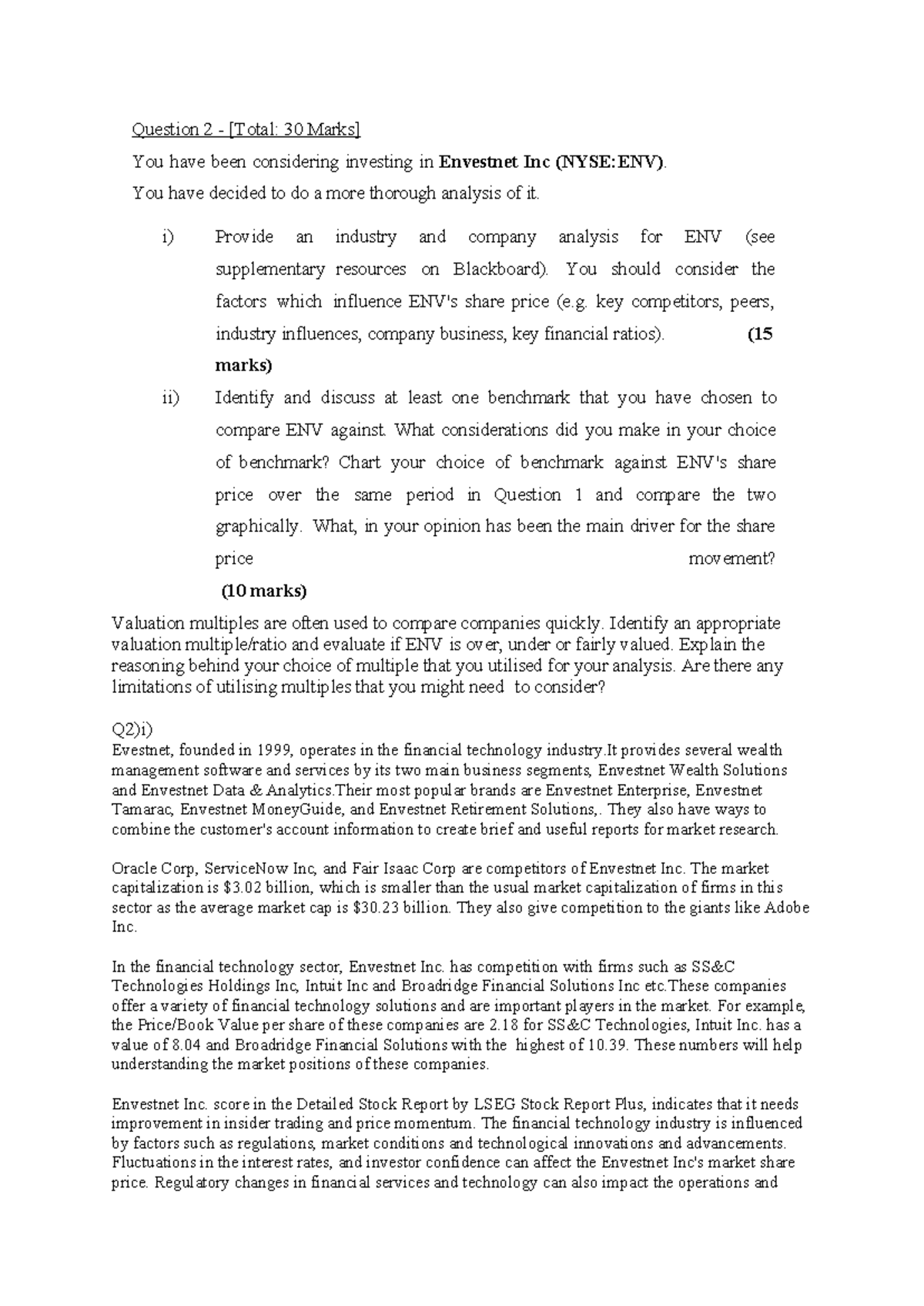 Analysis of Envestnet Inc (NYSE:ENV) for Investment Decision - Studocu