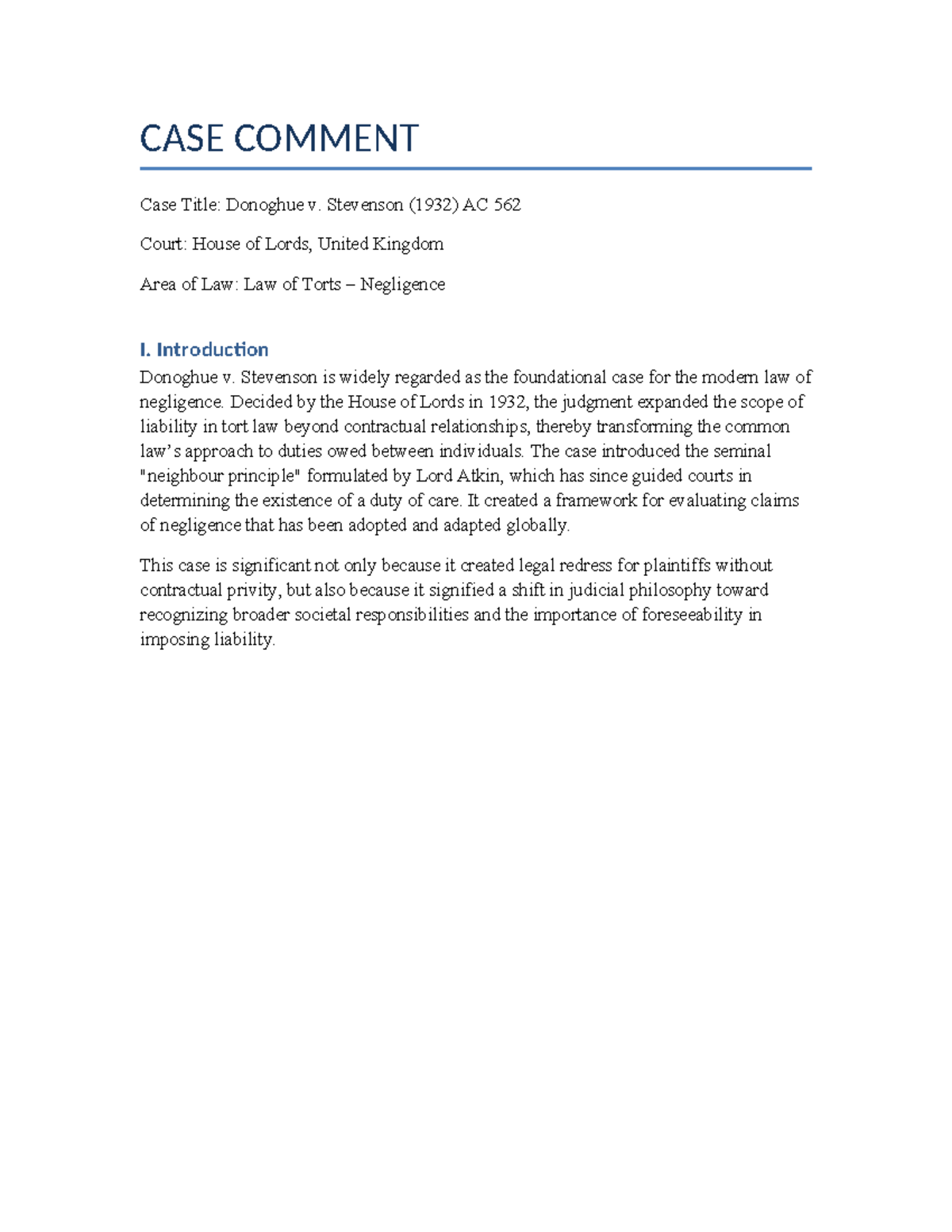 CASE COMMENT: Donoghue v. Stevenson (1932) - Tort Law Analysis - Studocu