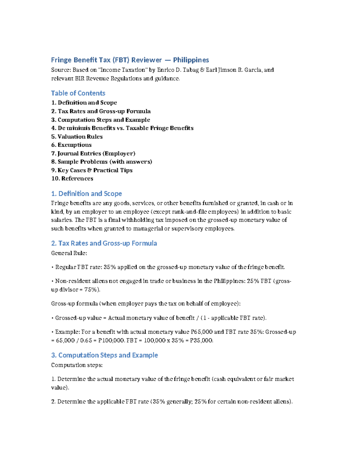 Fringe Benefit Tax (FBT) Reviewer: Key Concepts & Computation Guide ...