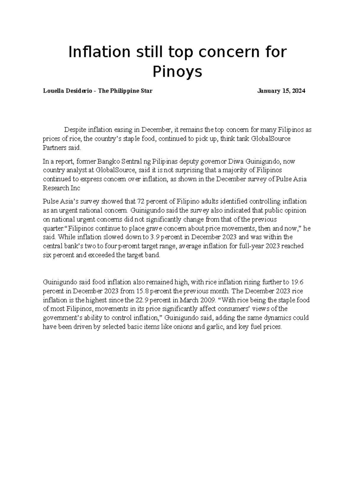 Inflation Concerns and Economic Growth in the Philippines - Jan 2024 ...