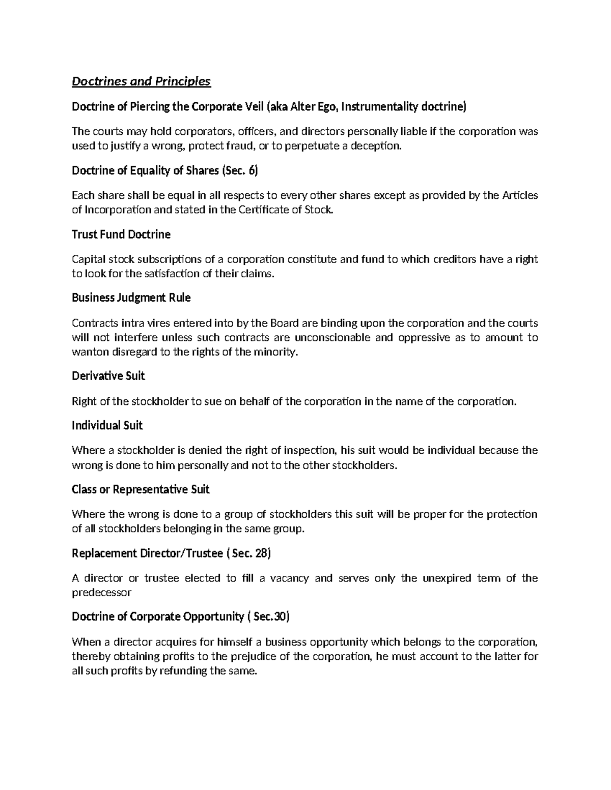 Doctrines and Principles of Corporate Law: RCC Study Notes - Studocu
