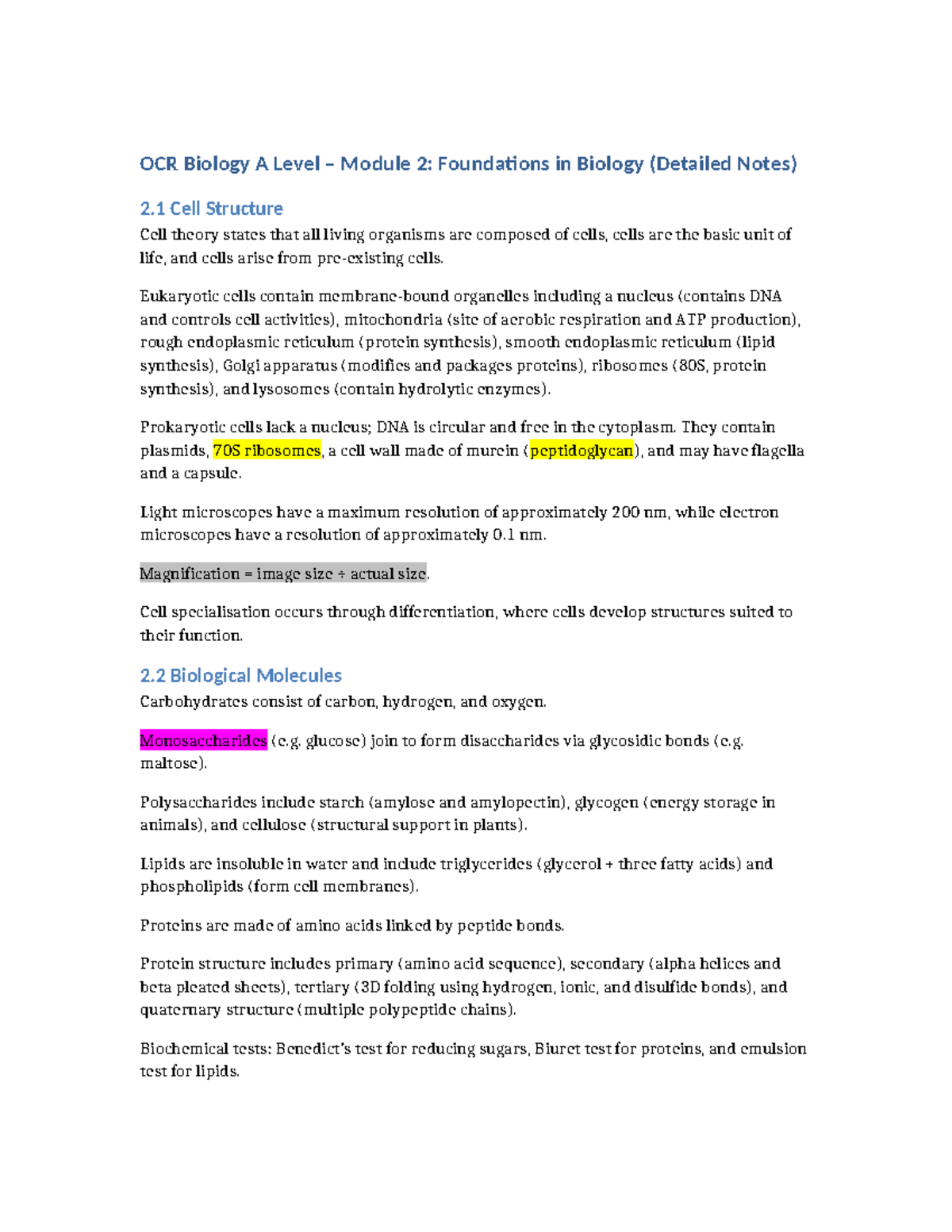 OCR Biology A Level Module 2: Detailed Revision Notes on Cell Structure ...