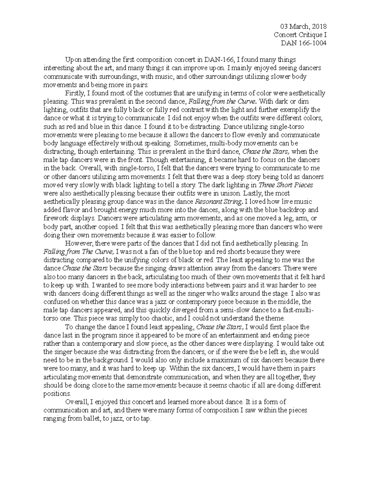 Concert Critique I - I mainly enjoyed seeing dancers communicate with ...