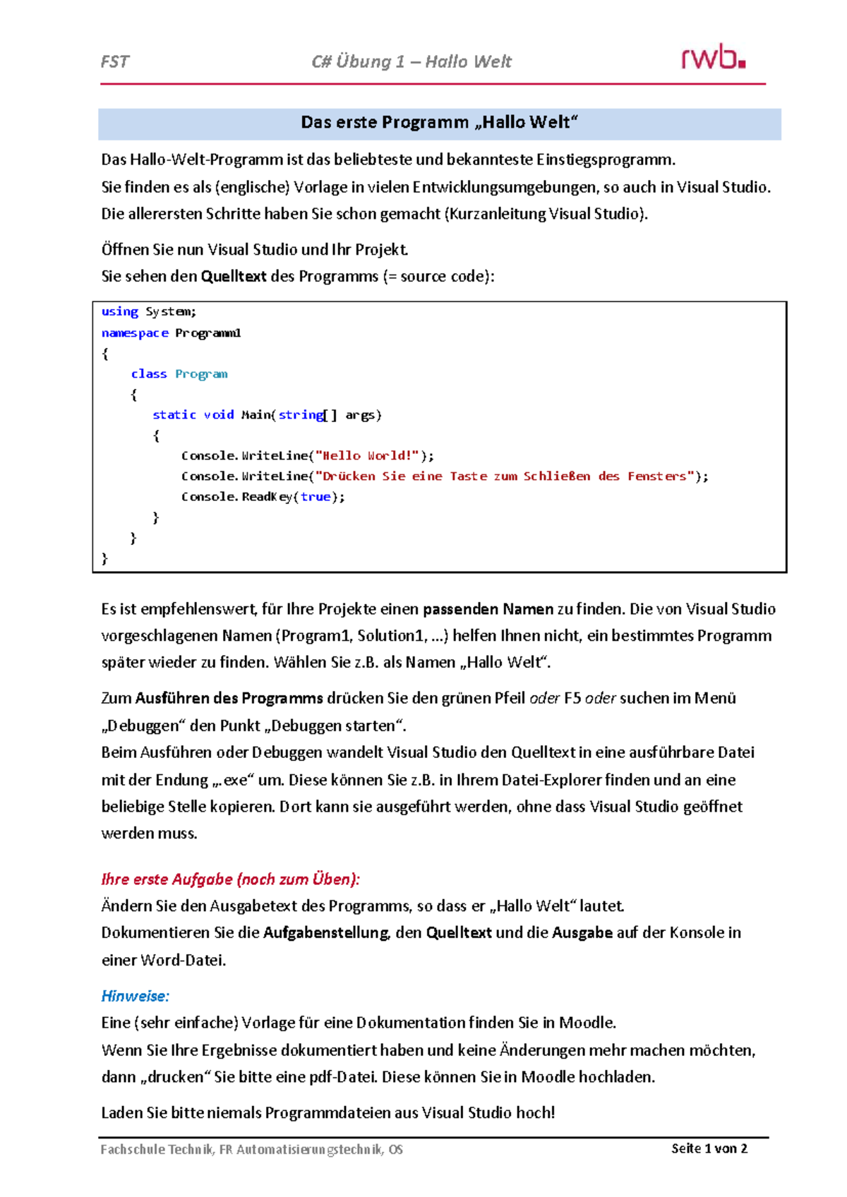 FST Übung 1: Einführung in C# mit Visual Studio und Programmierung ...