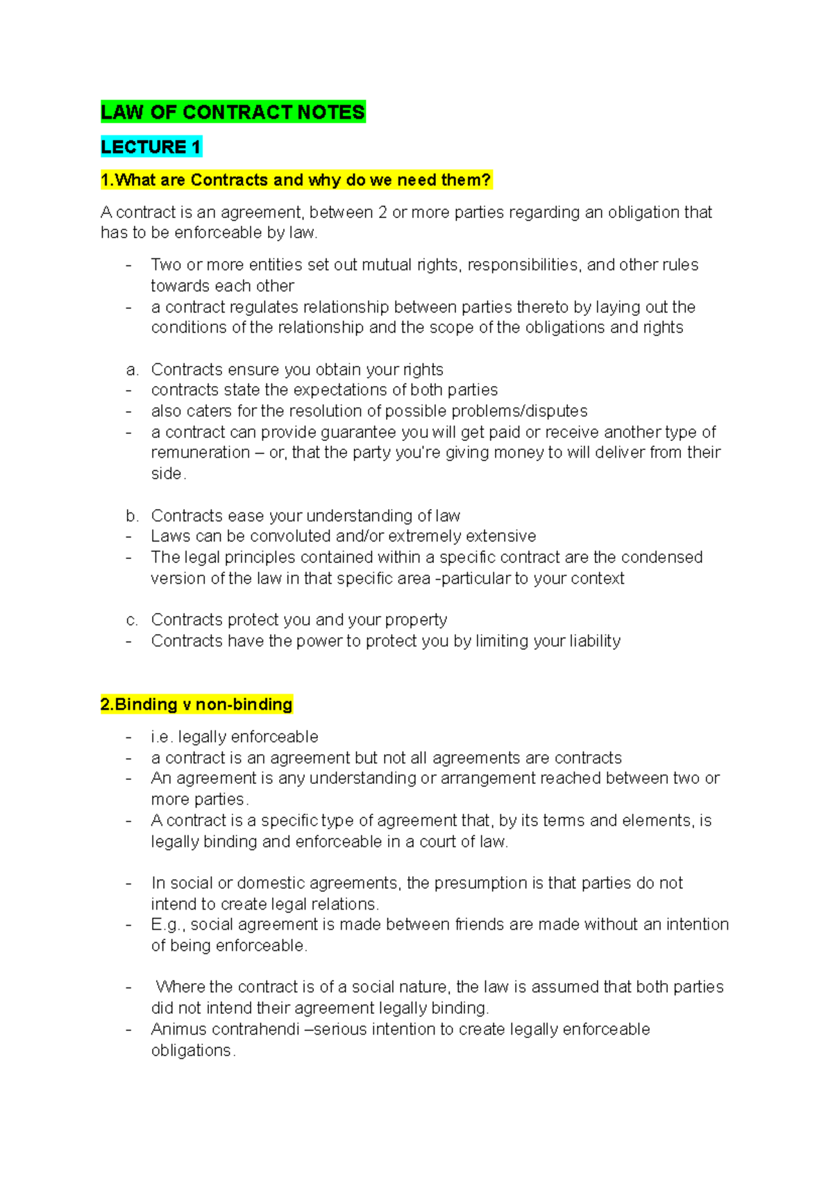 LAW OF Contract Lecture Notes: Essential Concepts and Validity - Studocu