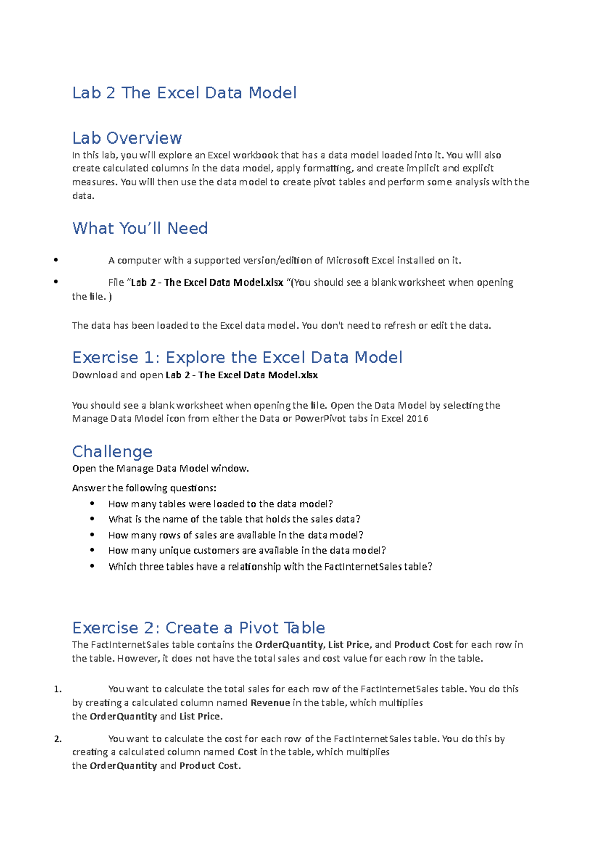 Lab 2 - Excel Data Model: Exploring Calculated Columns & Pivot Tables ...