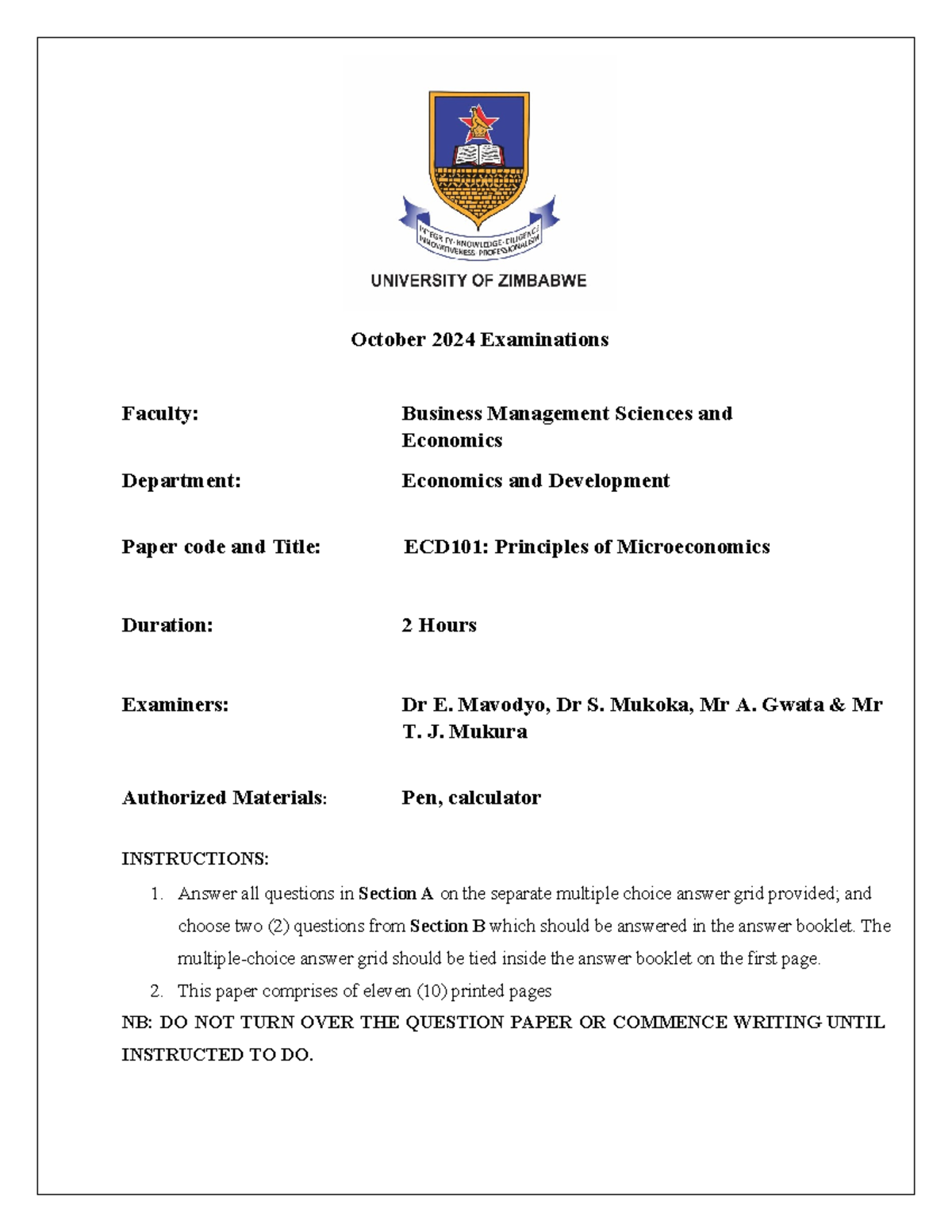 ECD101: Principles of Microeconomics Final Exam December 2024 - Studocu
