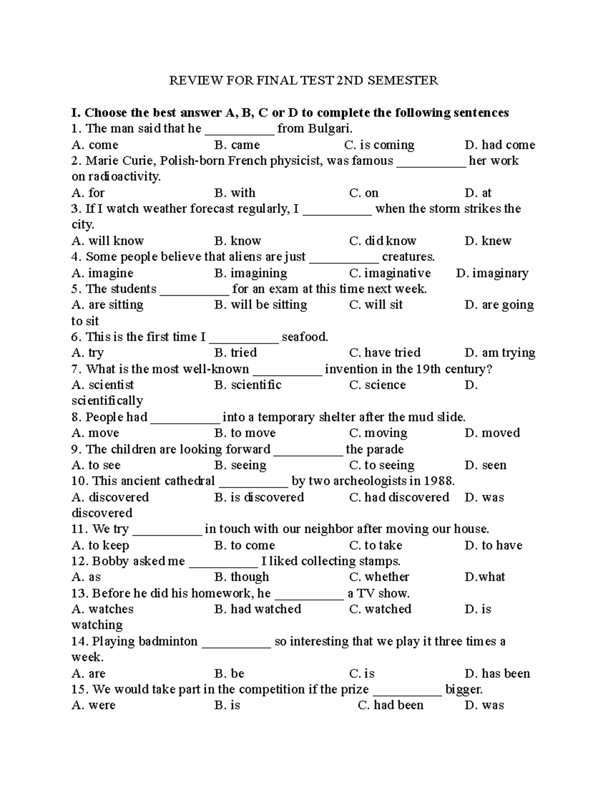 Review FOR Final TEST 2ND Semester - REVIEW FOR FINAL TEST 2ND SEMESTER ...