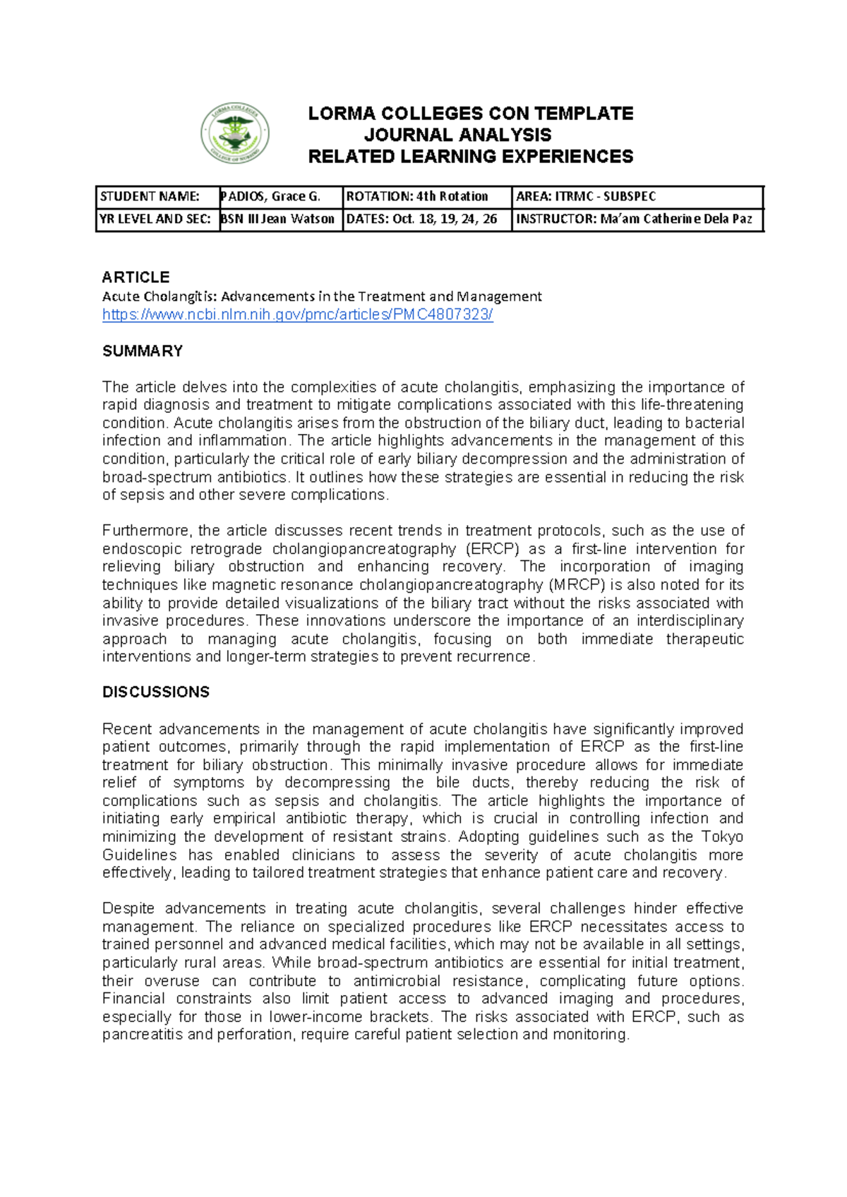 Padios, Grace G. Journal Analysis - Itrmc - LORMA COLLEGES CON TEMPLATE ...