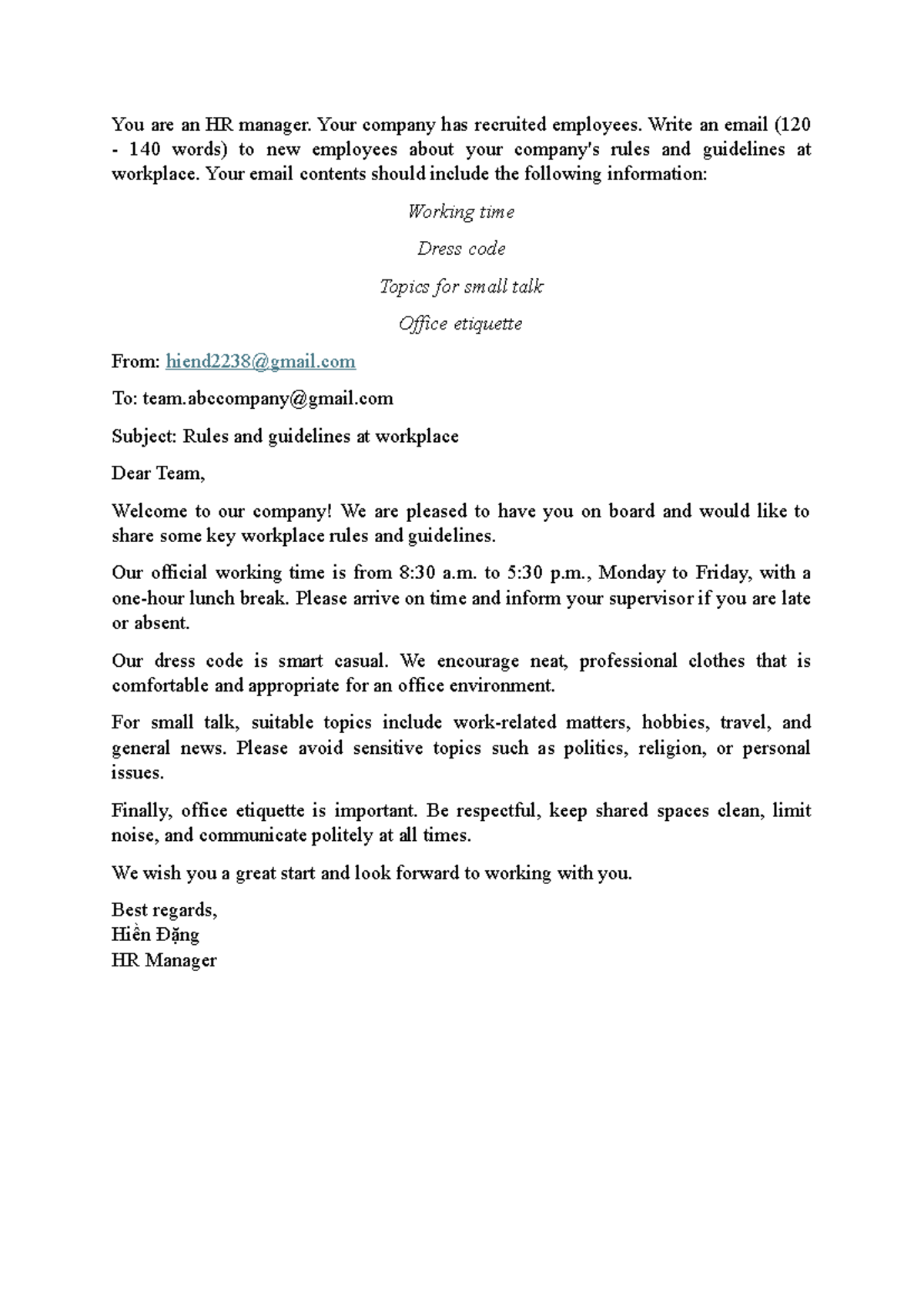 W u1 - WRITING: Email to New Employees on Workplace Guidelines - Studocu