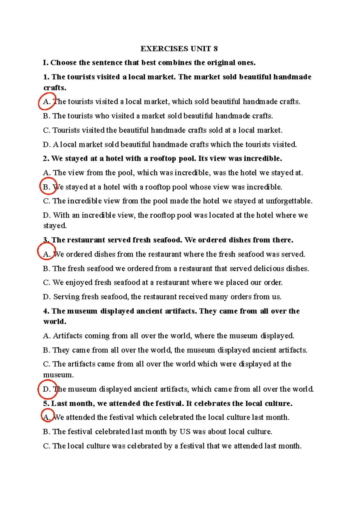 Exercises UNIT 8: Sentence Combination and Grammar Practice - Studocu