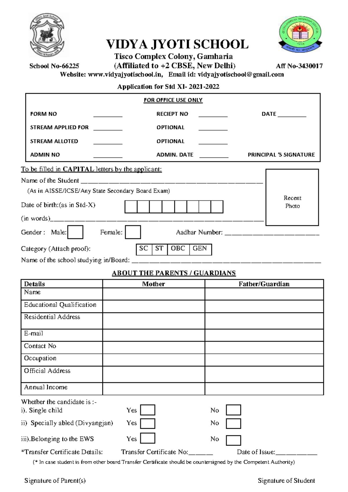 Admission Form for Std-XI 2021-2022 at Vidya Jyoti School - Studocu