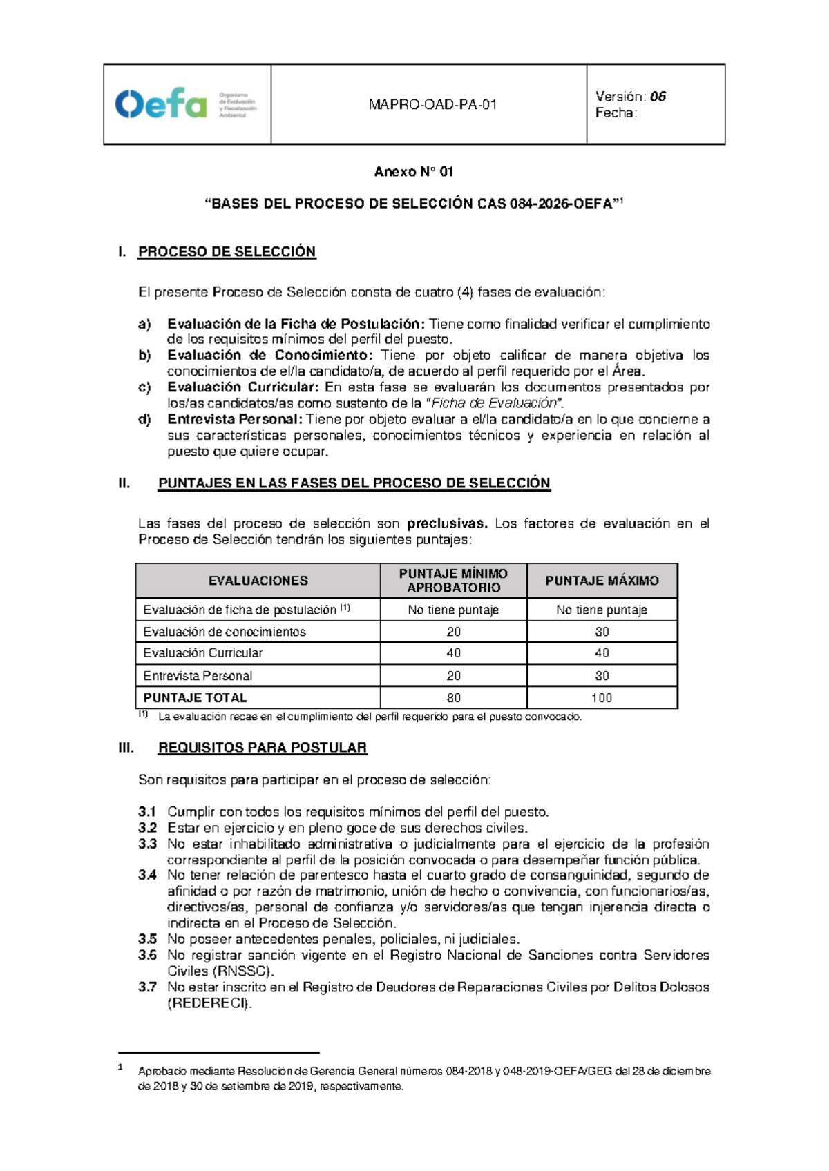 Bases del Proceso de Selección CAS OEFA 2026 - Versión 06 - Studocu